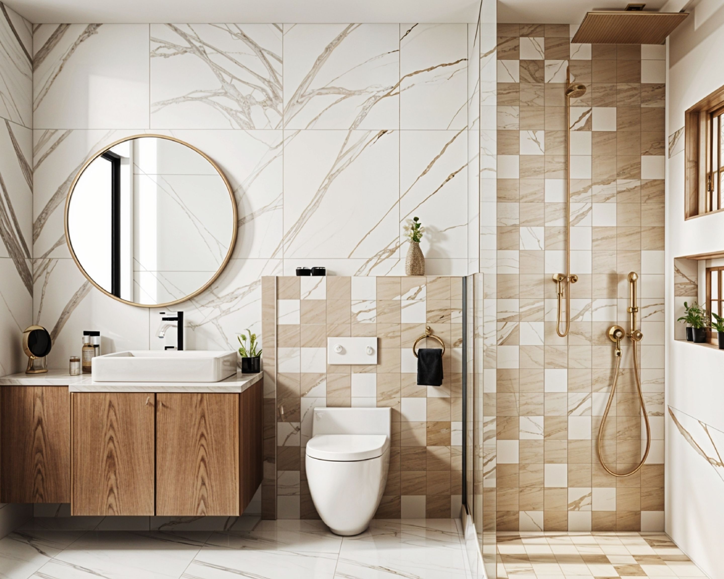 Modern Bathroom Design: White Marble Tile & Glass Shower Partition ...