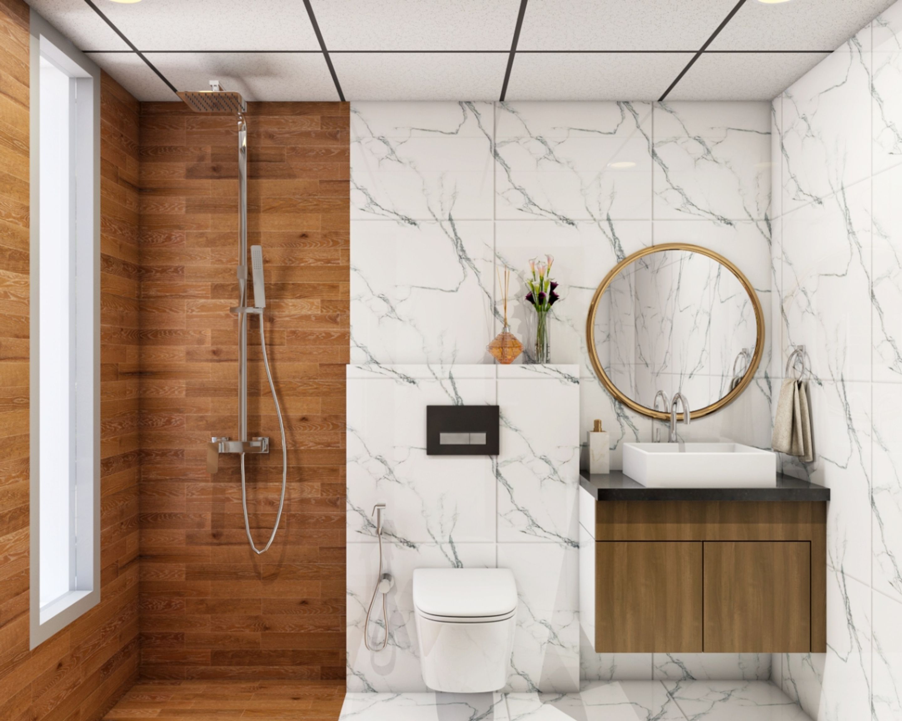 Spacious White And Wood Bathroom Design With Round Gold-Framed Mirror ...