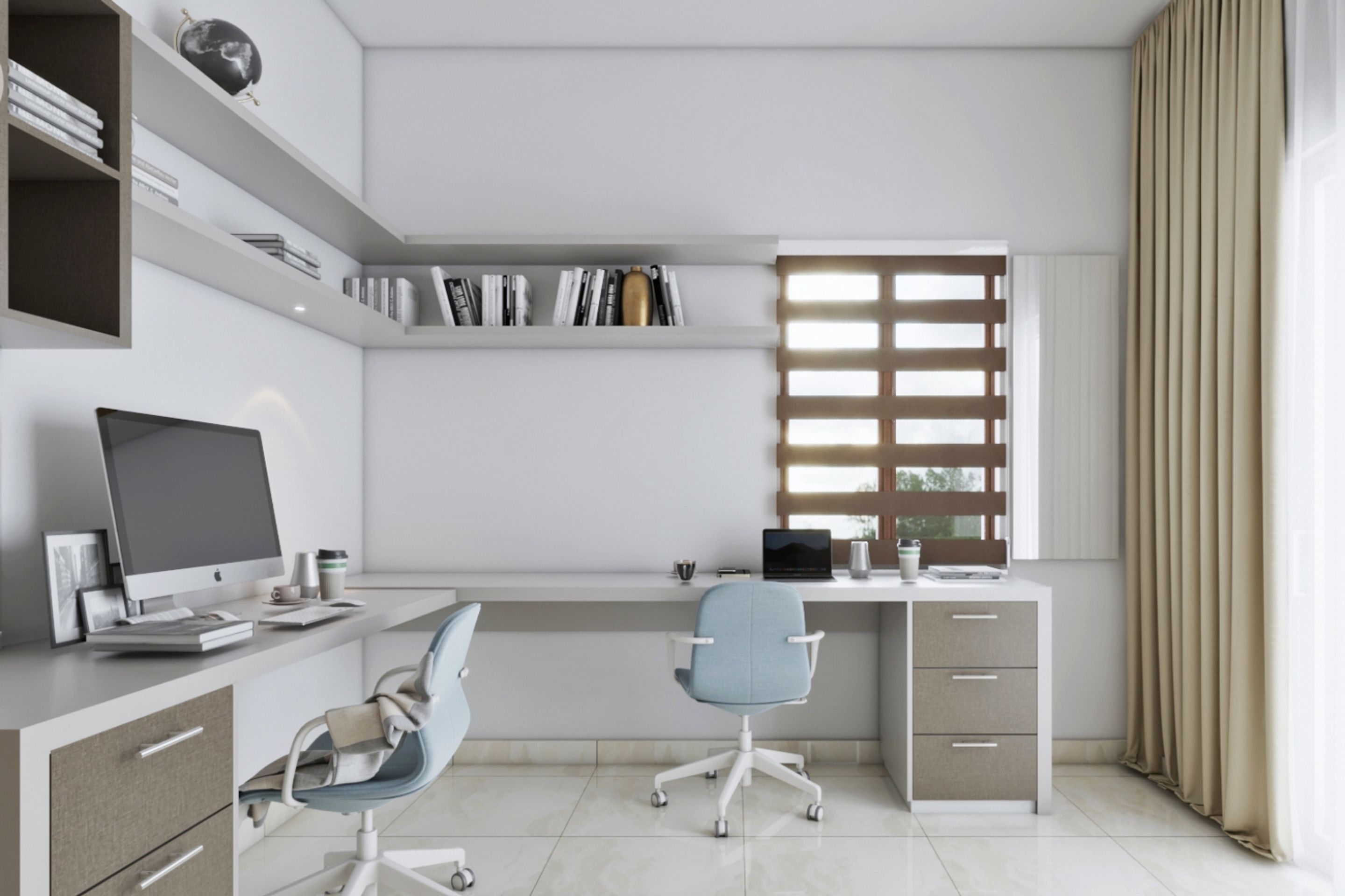 White And Light Wood LShaped Home Office Design With Blue Chairs