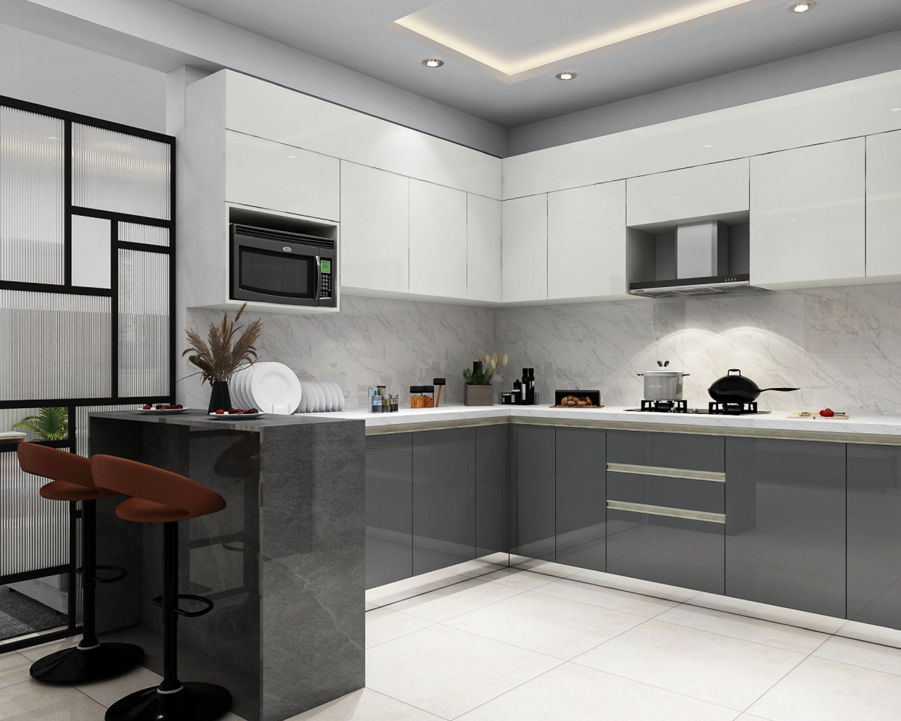 Family Friendly Modern U-Shaped Kitchen Design With Breakfast Unit and ...