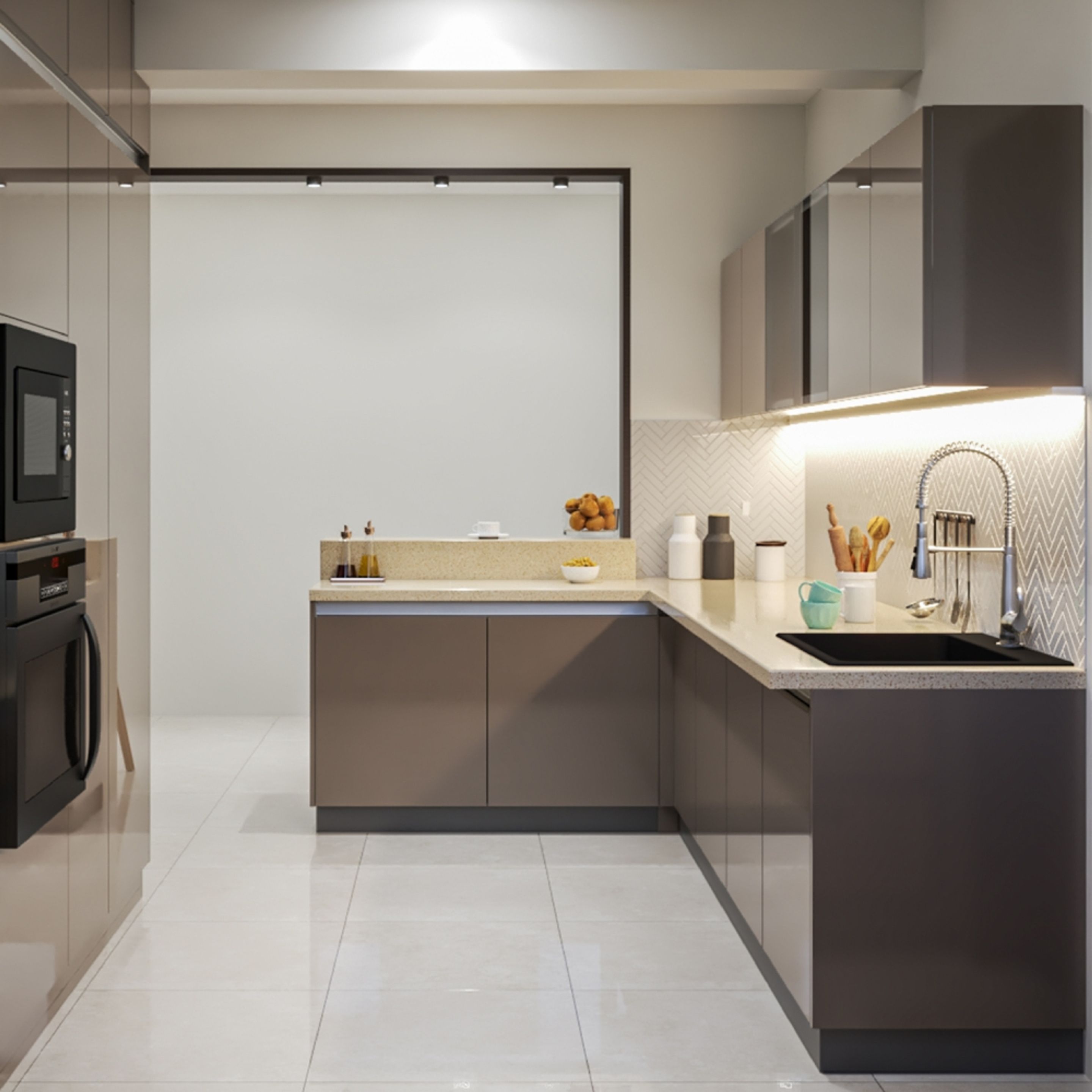 Fresh Look at Tan High Gloss Open Indian Kitchen Design With White Chevron