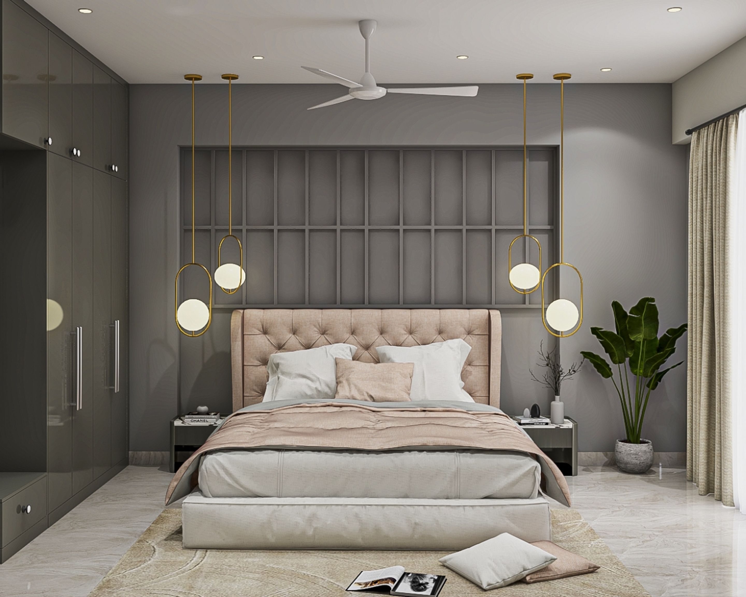 Spacious Modern Master Bedroom Design with Wardrobe, Side Tables and