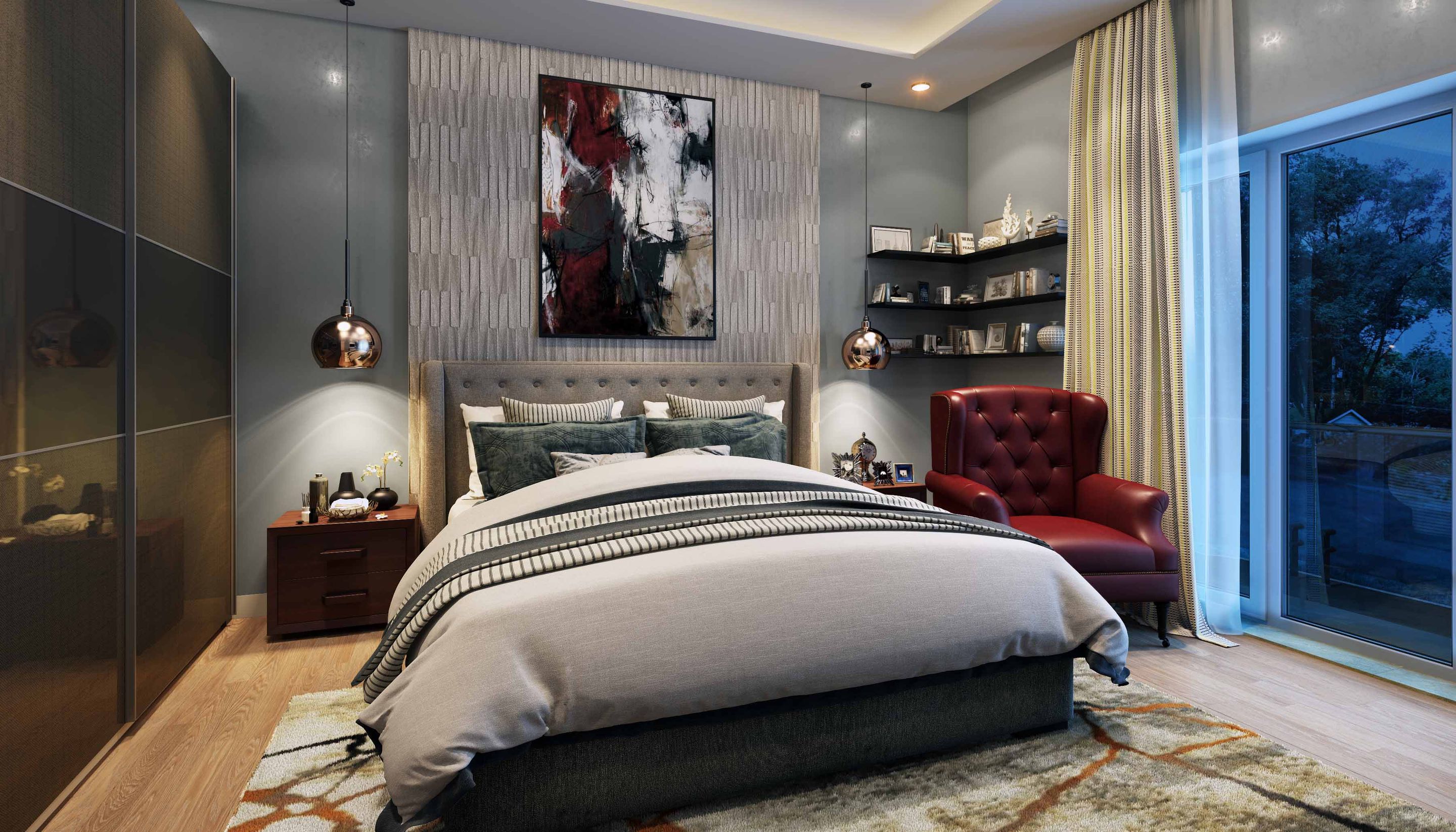 Grey And Blue Master Bedroom Design With Sliding Wardrobe | Livspace