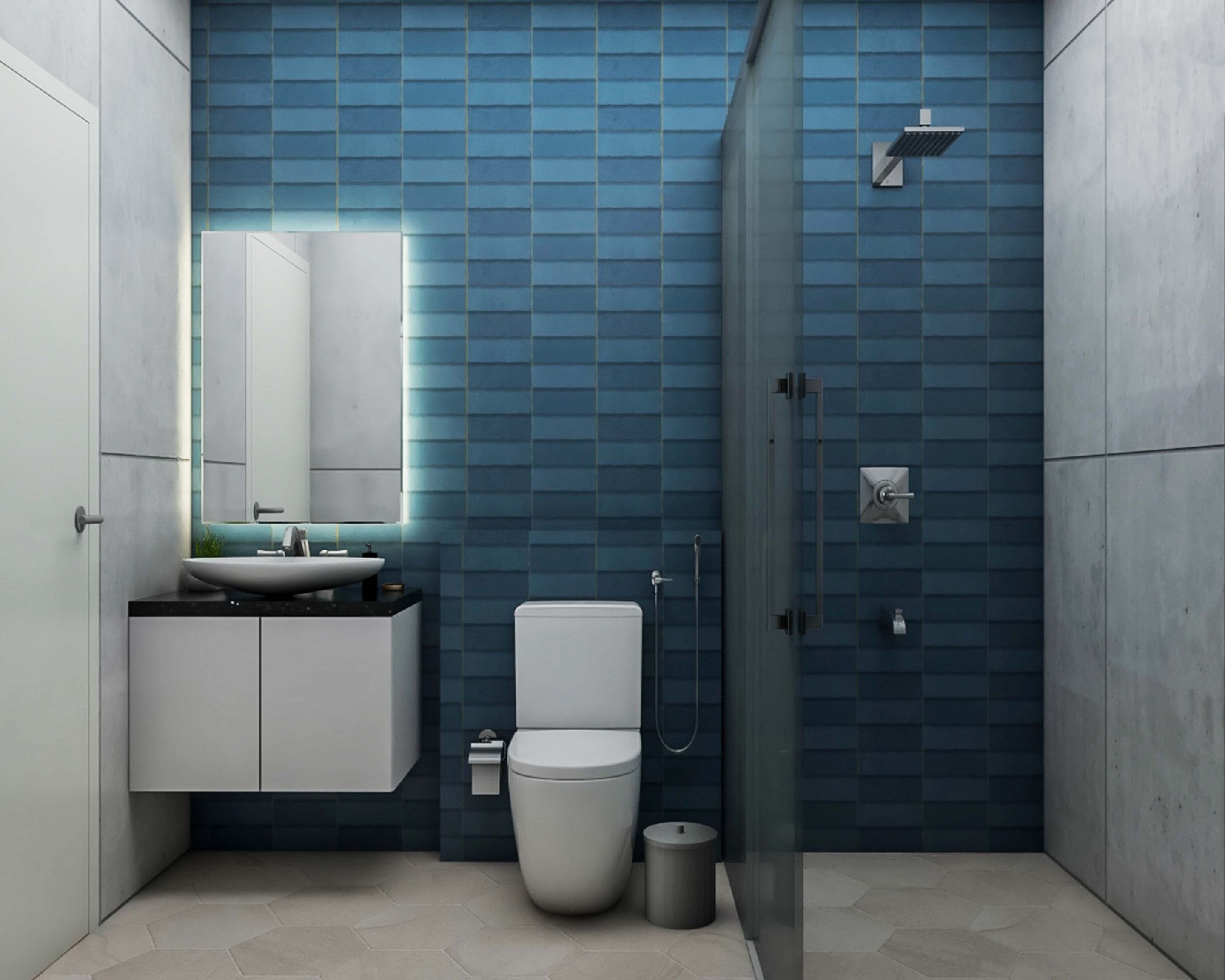 Contemporary Small Bathroom Design With Grey And Blue Tiles Livspace