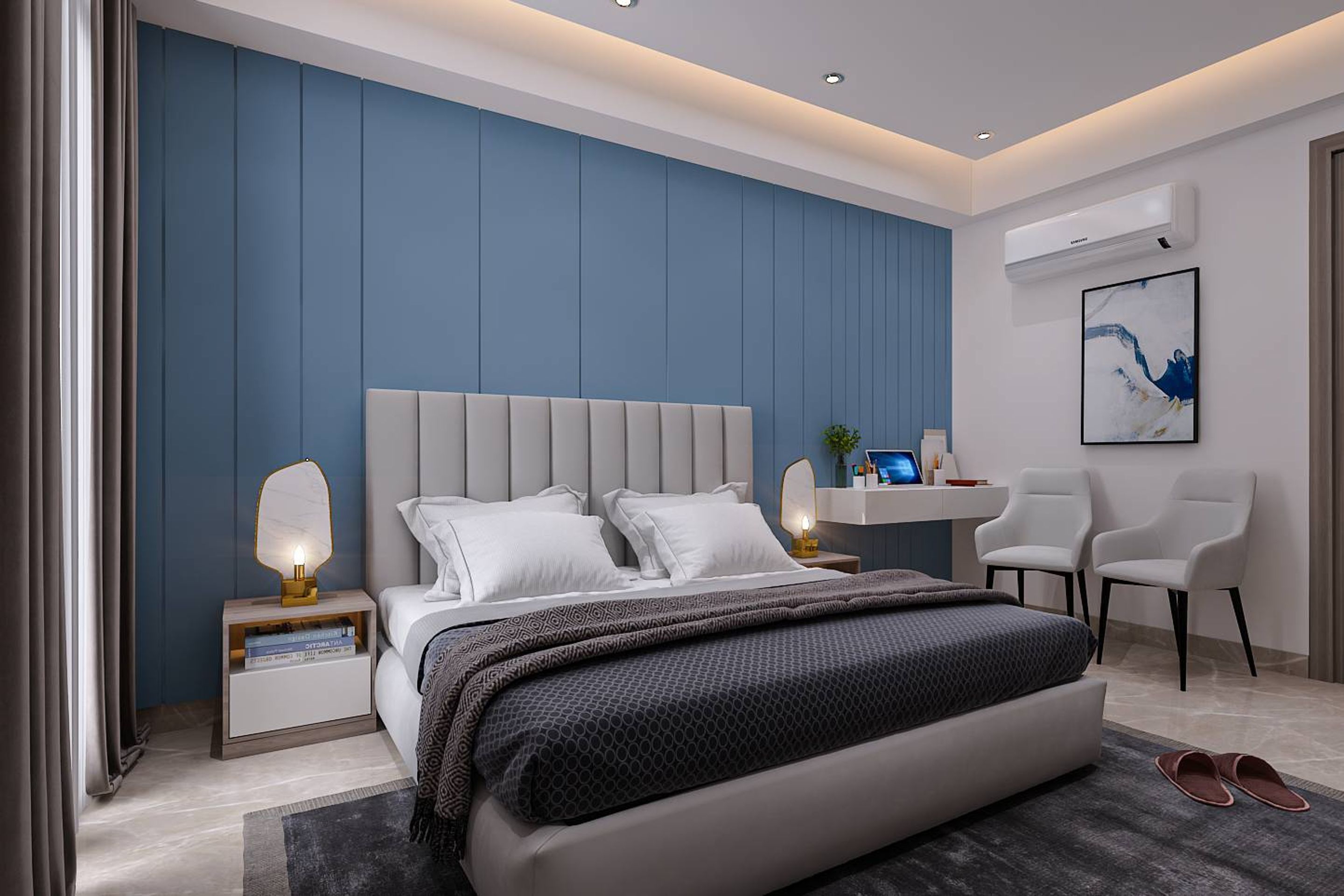 Contemporary Guest Bedroom Design With Blue Wall | Livspace