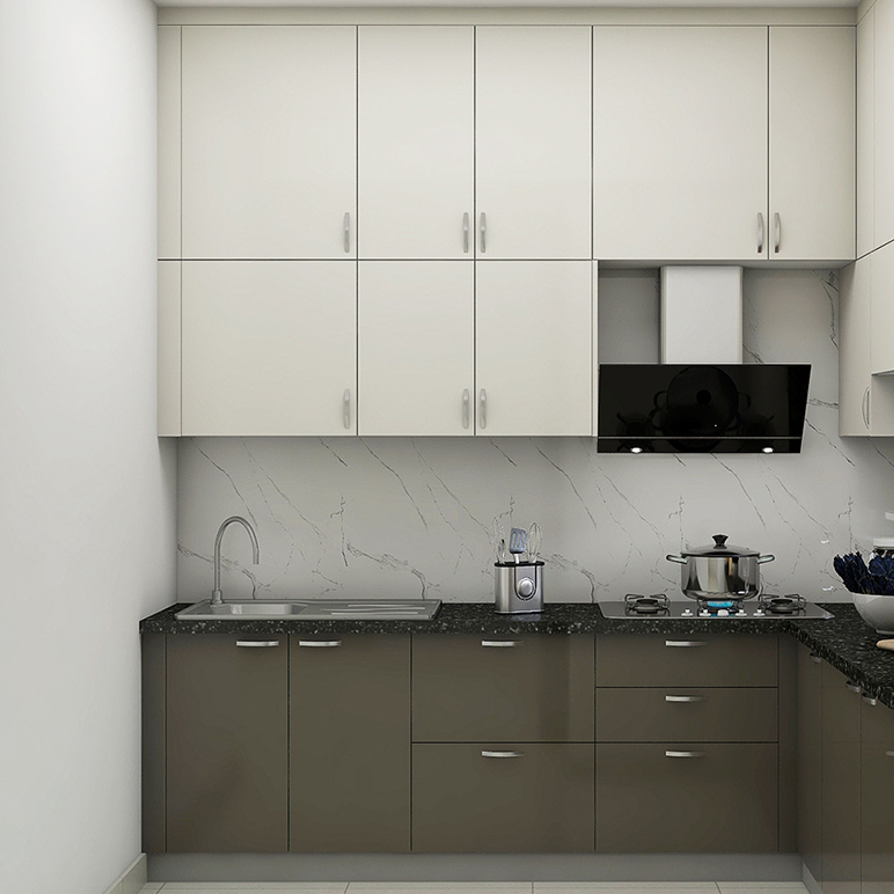 Image showcasing Compact Modern Low Maintenance U-Shaped Kitchen Design | Livspace