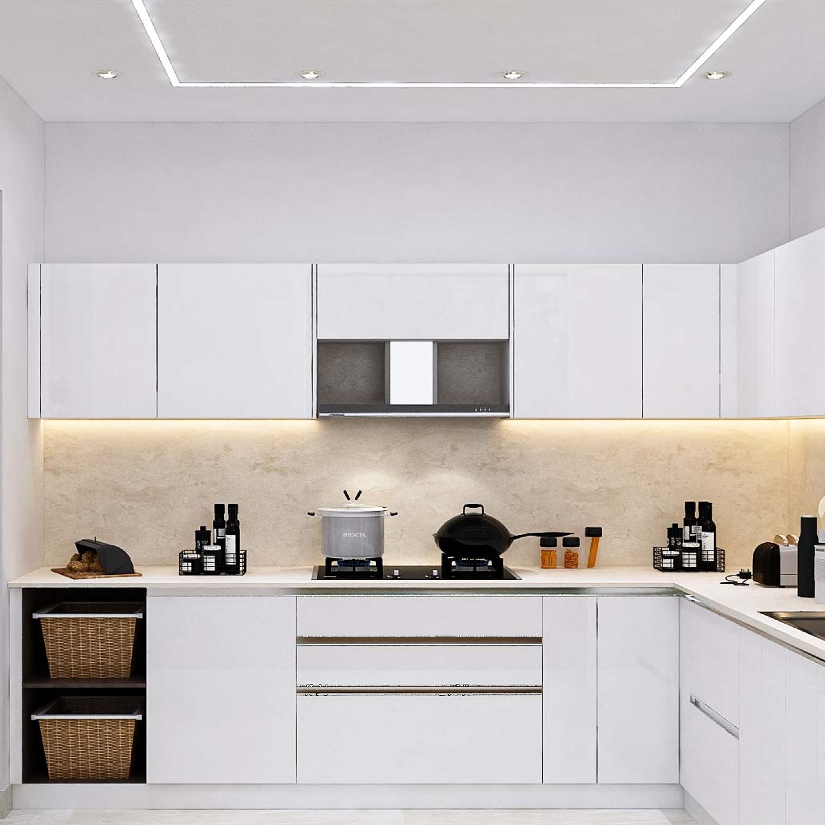 Modern L-Shaped Kitchen Design With Ultra-White Cabinets | Livspace