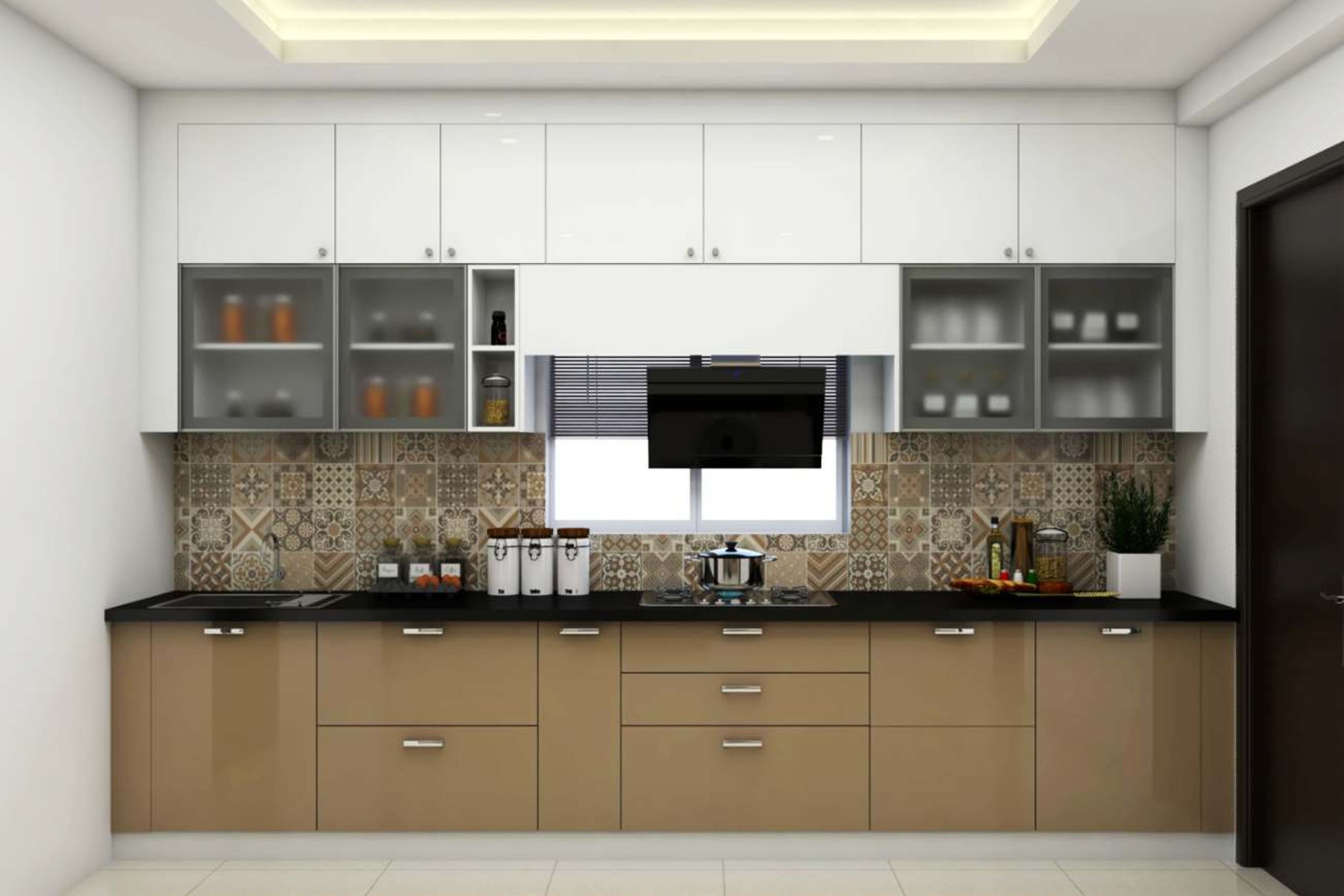 Light Brown And White Themed Spacious Modern Kitchen Design | Livspace