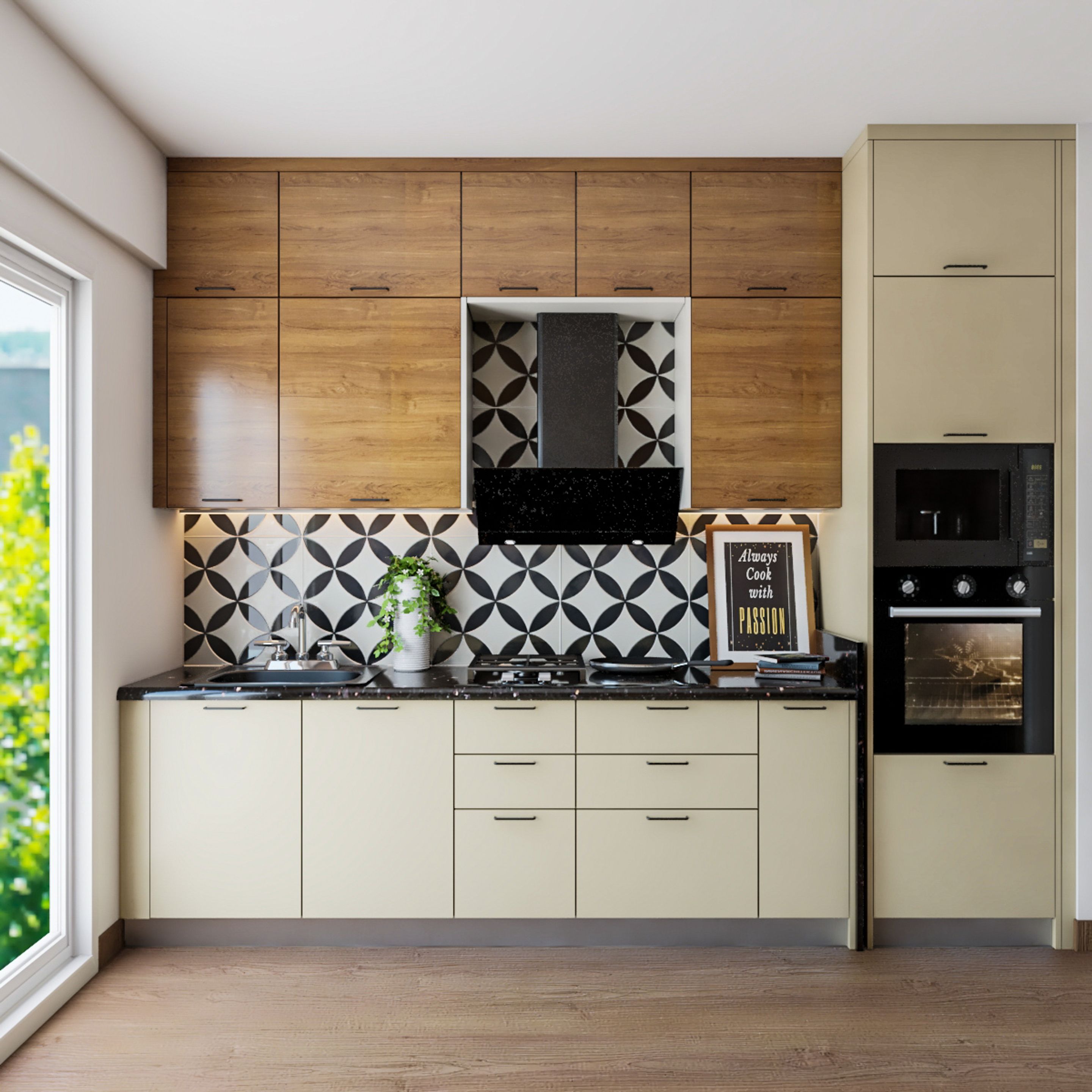 Scandinavian Kitchen Design With Black And White Dado | Livspace