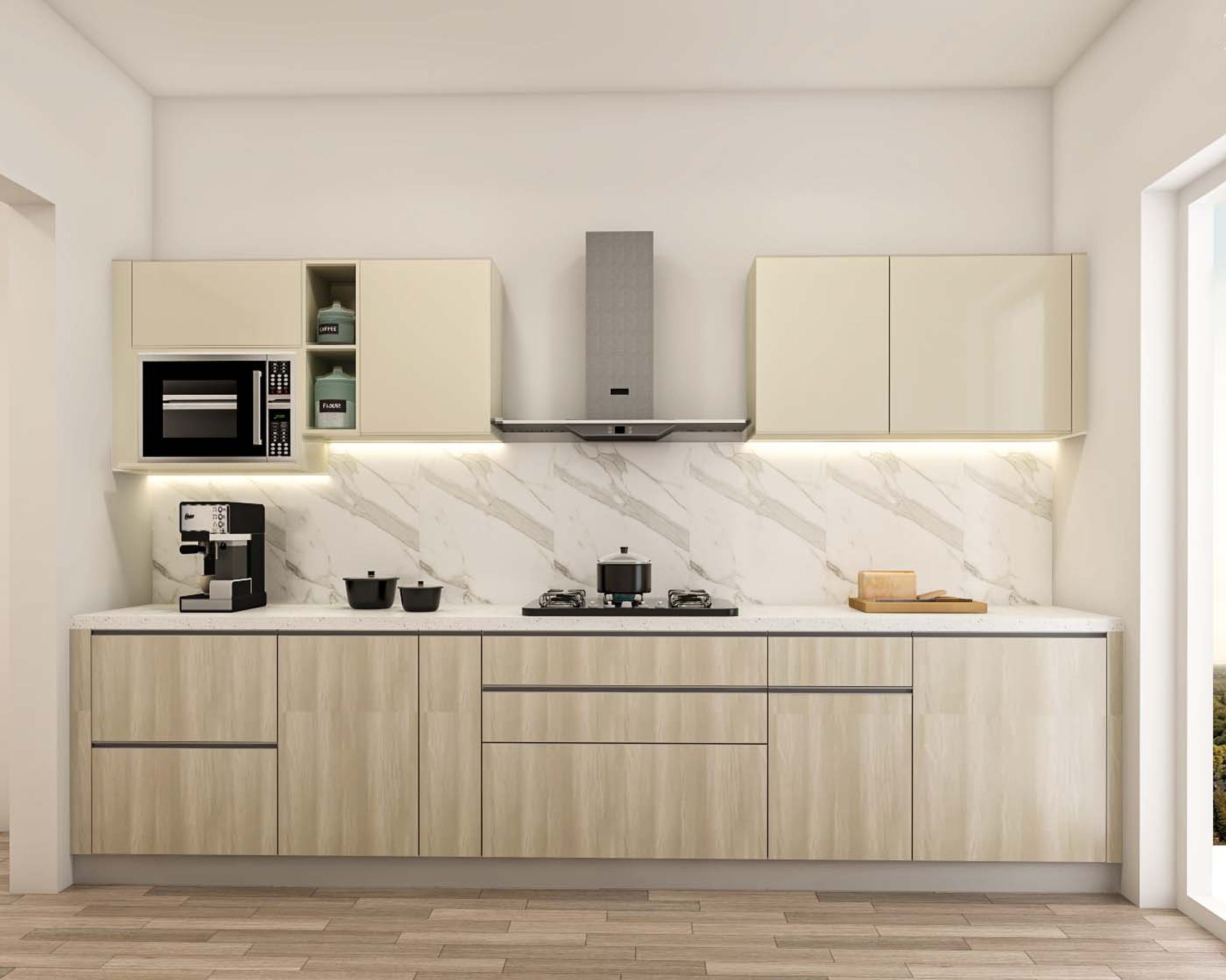 Spacious Parallel Kitchen Design With Marble Dado Tiles | Livspace