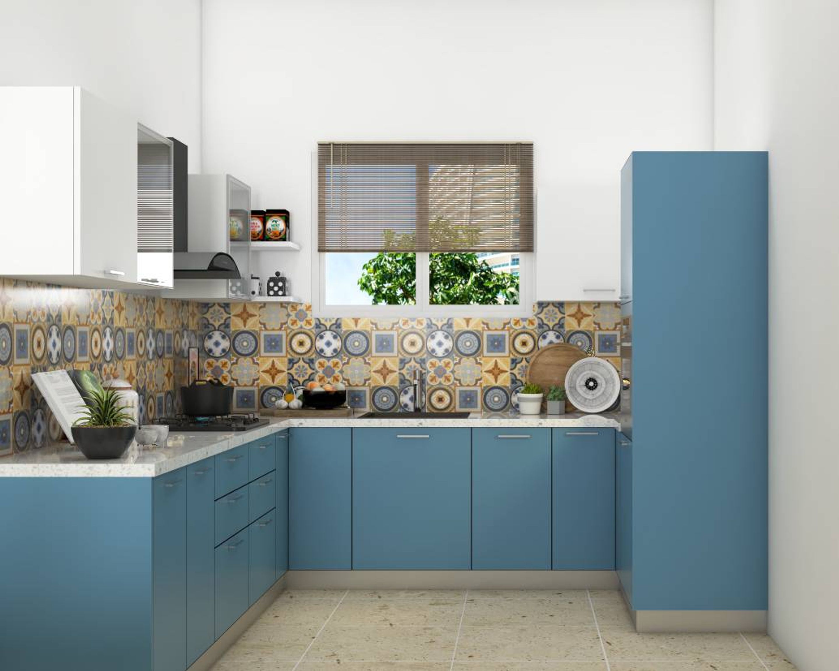 L-Shaped Modular Blue Kitchen Design With Geometric Dado Tiles | Livspace