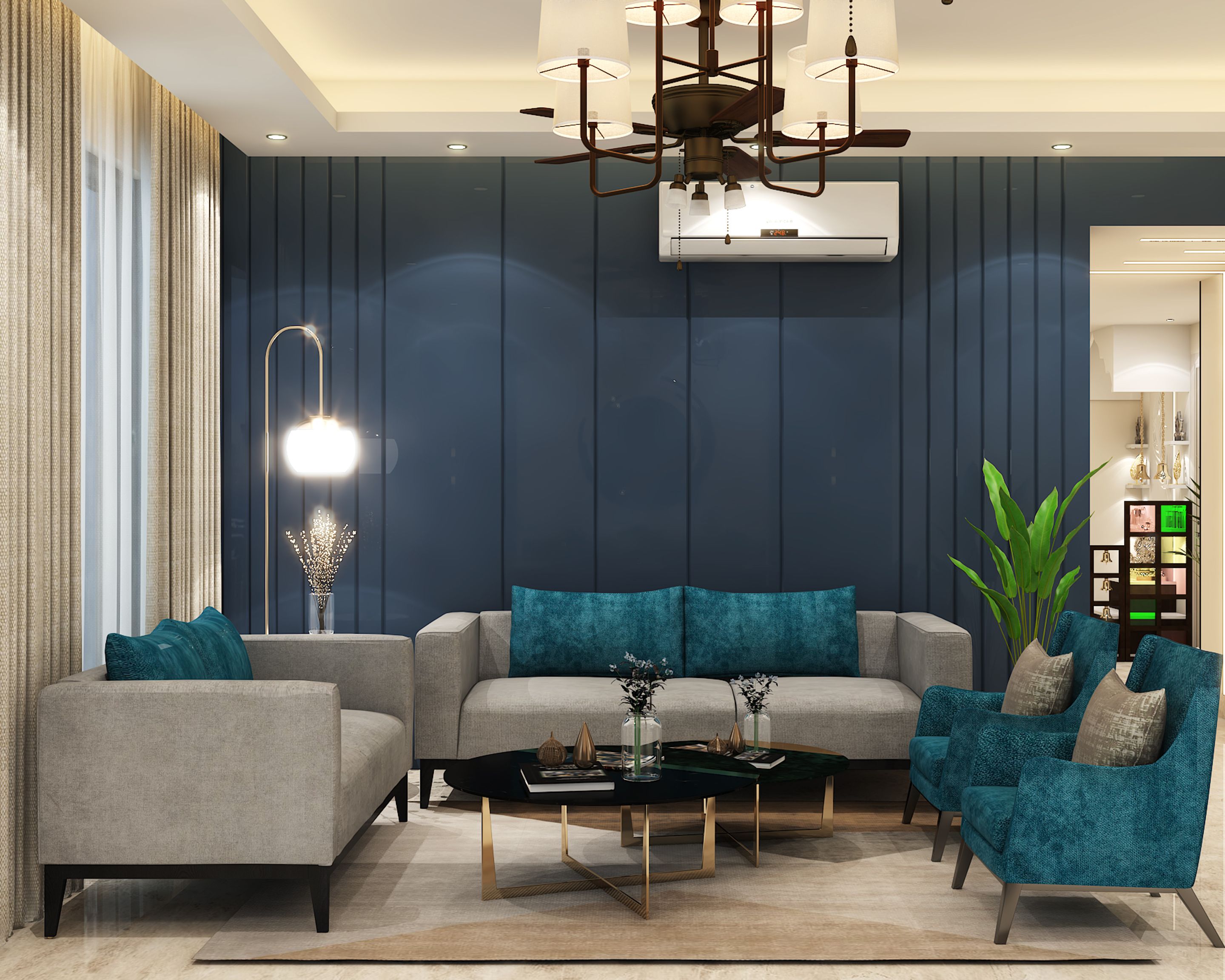 Compact Living Room Design With Blue Accent Wall | Livspace