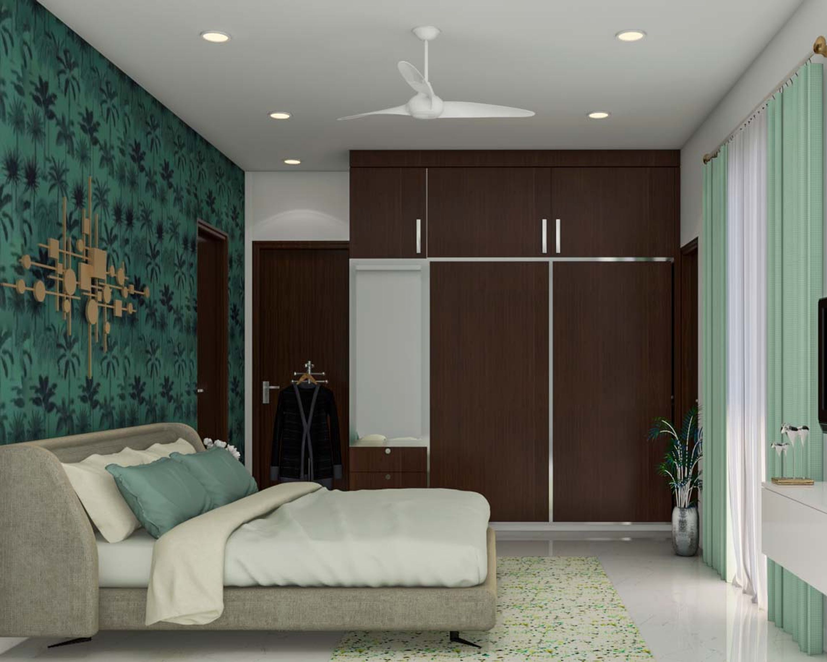 Contemporary Master Bedroom With Vibrant Wallpaper | Livspace