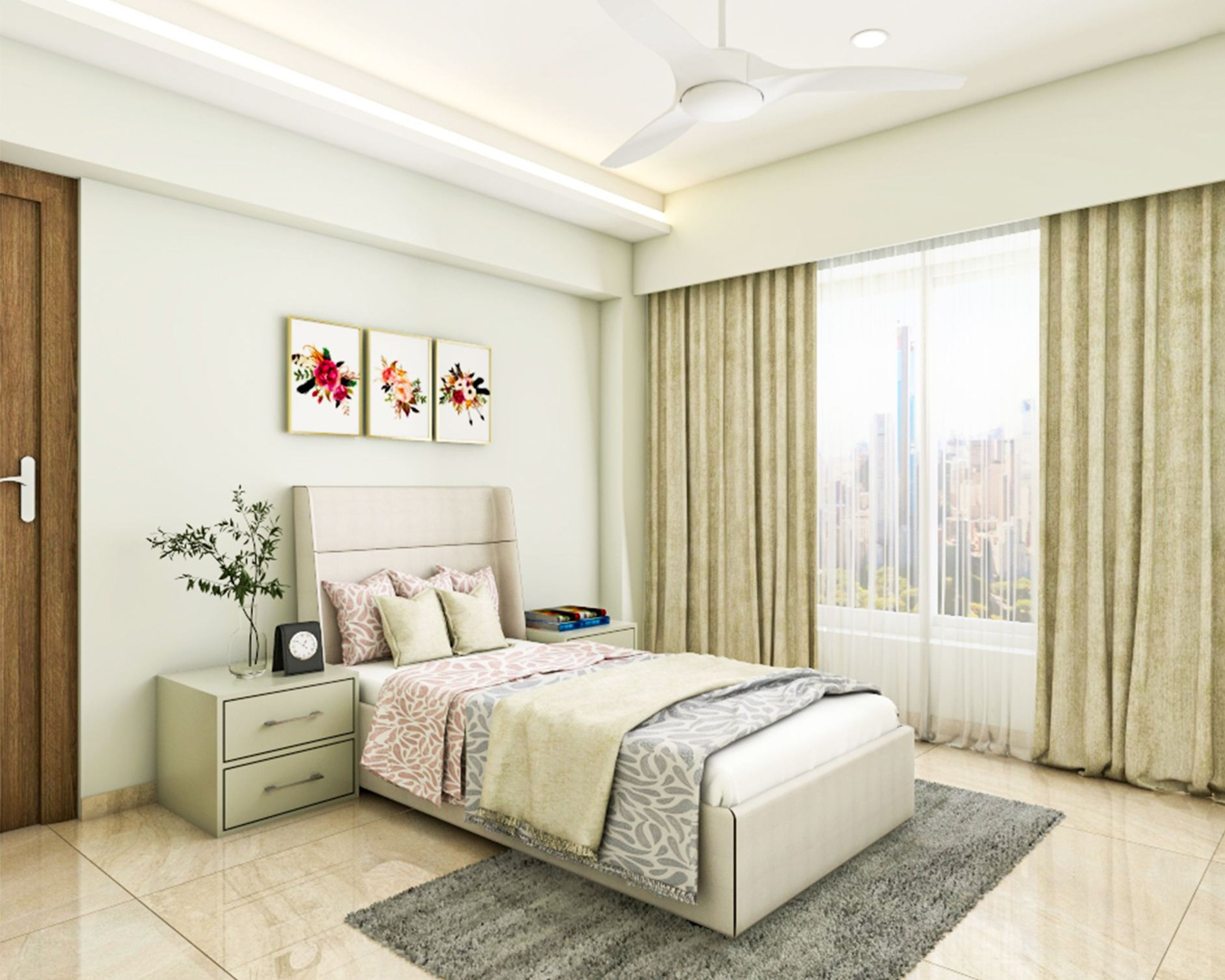 Contemporary Spacious Master Bedroom Design With Beige Panelled Wall By