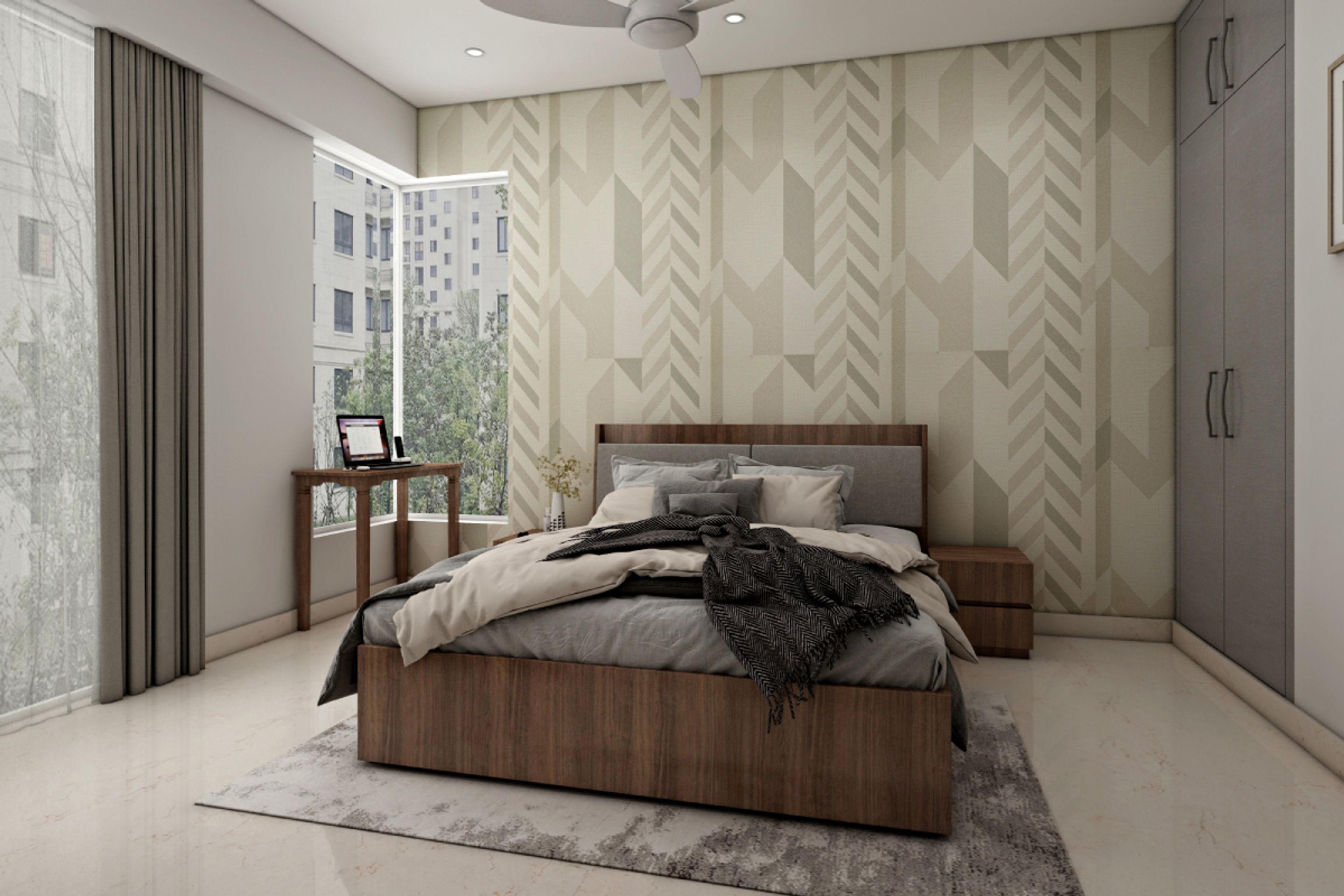 Master Bedroom Design With Beige Wallpaper And Grey Wardrobe | Livspace