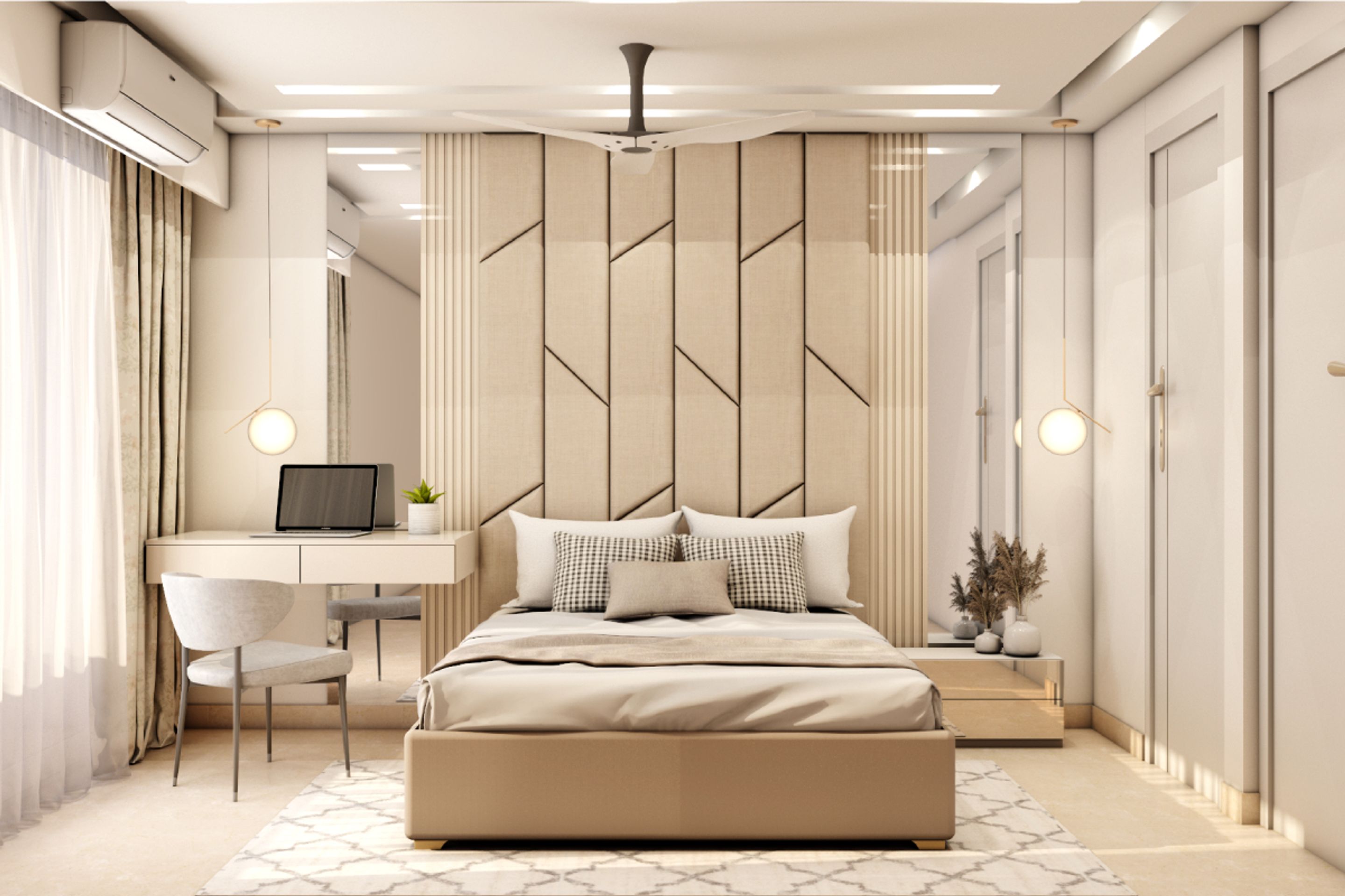 Contemporary Spacious Master Bedroom Design With Study Unit | Livspace