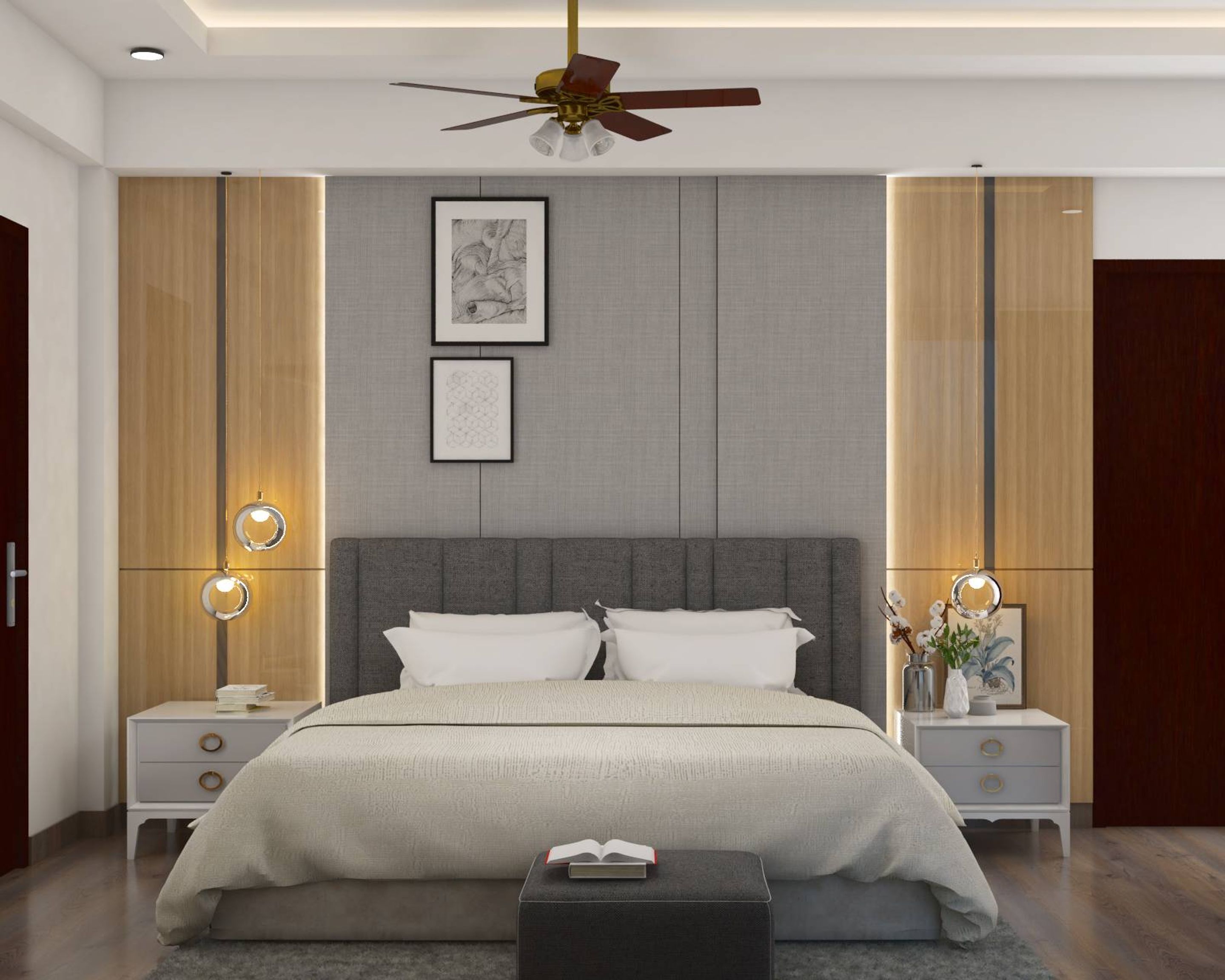 Spacious Master Bedroom Design With Grey Backdrop And Wooden Panels ...