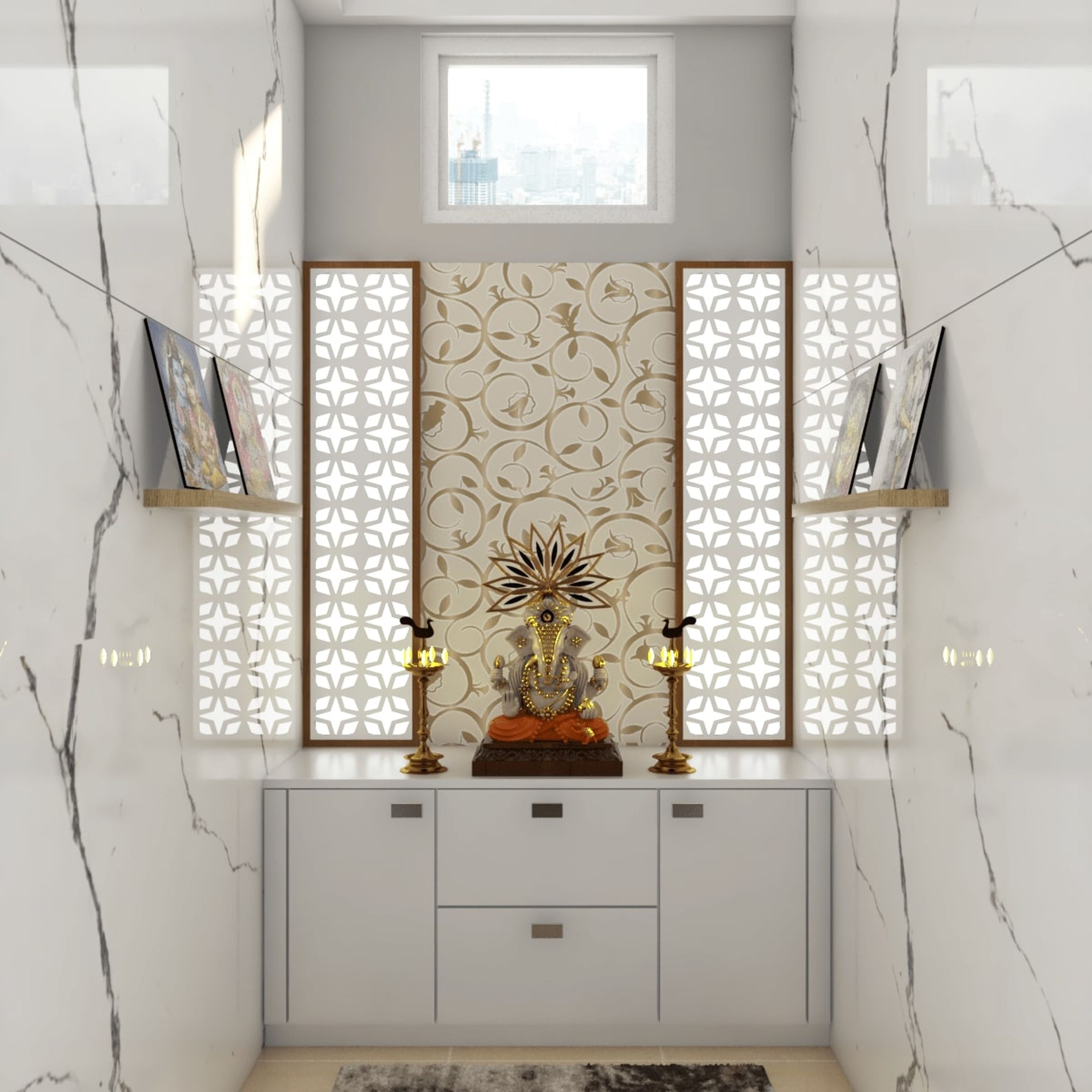 Spacious Pooja Room Design With White Theme And Large Storage | Livspace