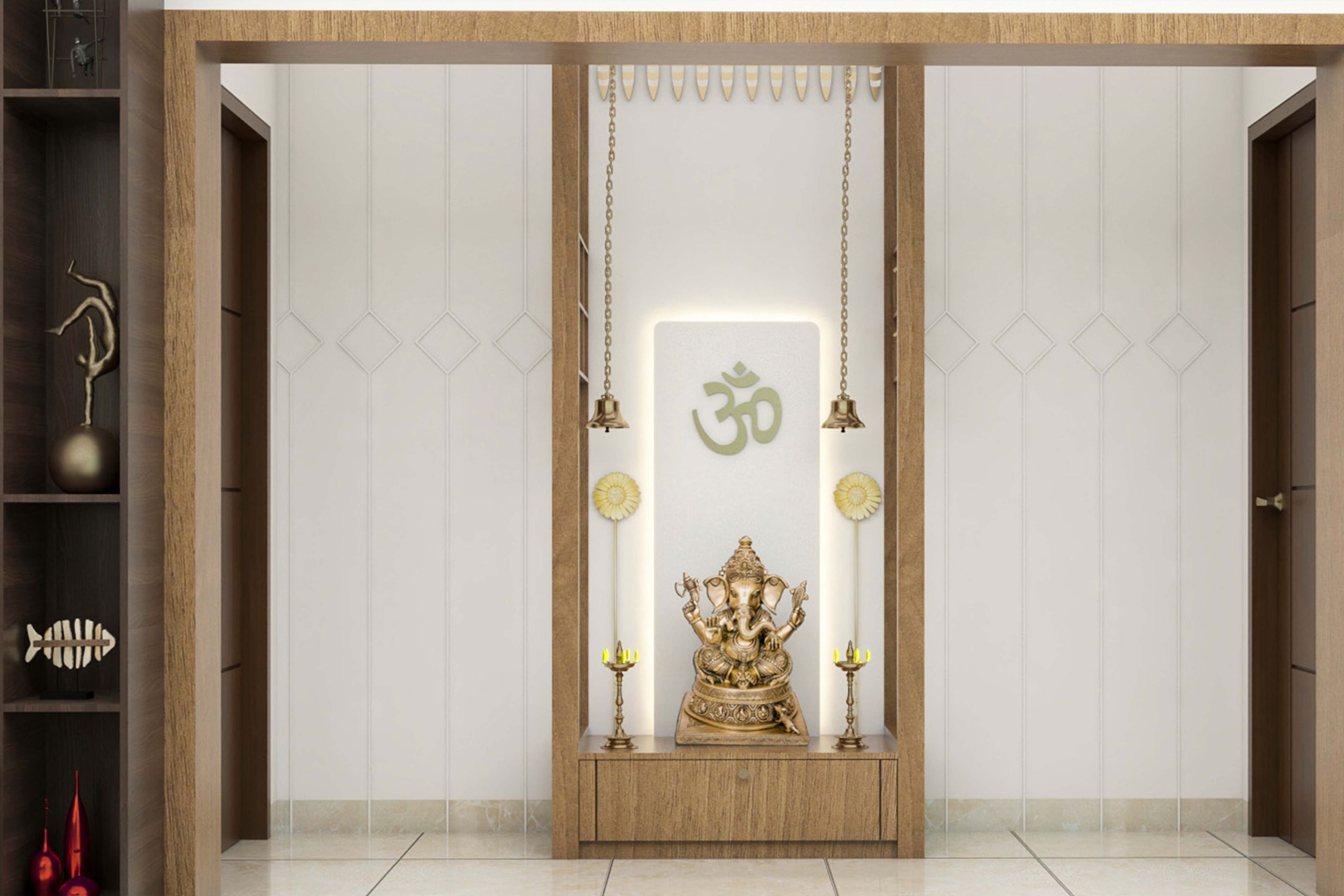 Spacious Pooja Unit Design With Wooden Beams And Hanging Diyas 