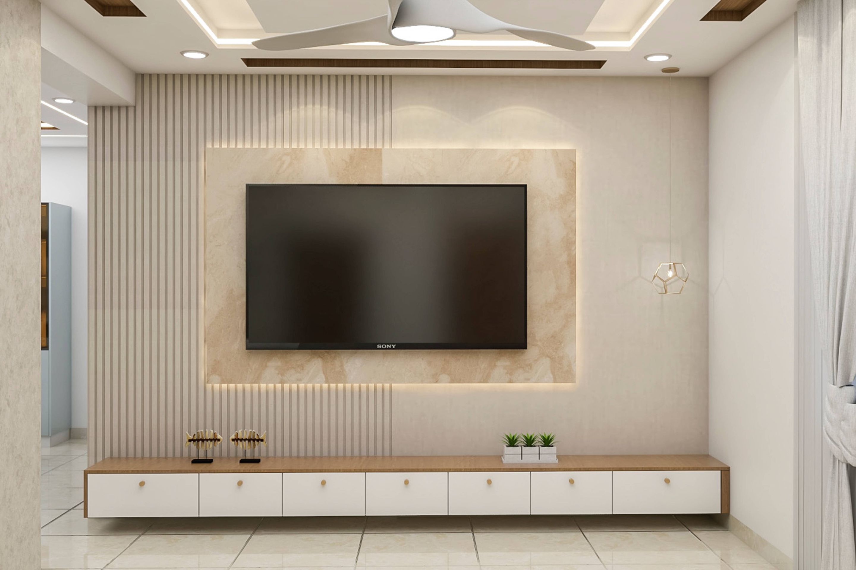 Contemporary TV Unit Designed With Beige Finish Livspace