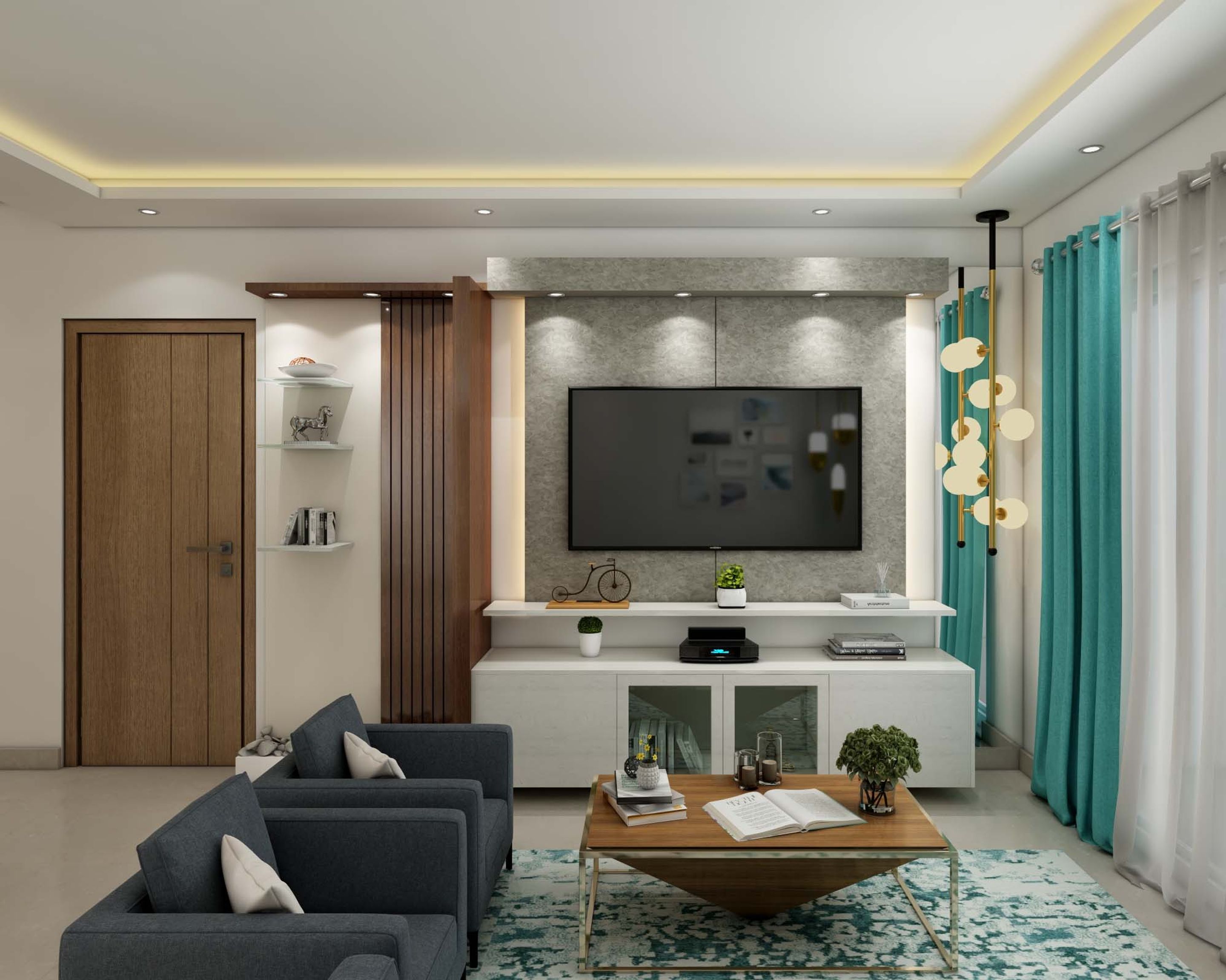 Modern Living Room Design With Spherical Lights | Livspace - Compact Living Room Design With A Small Tv