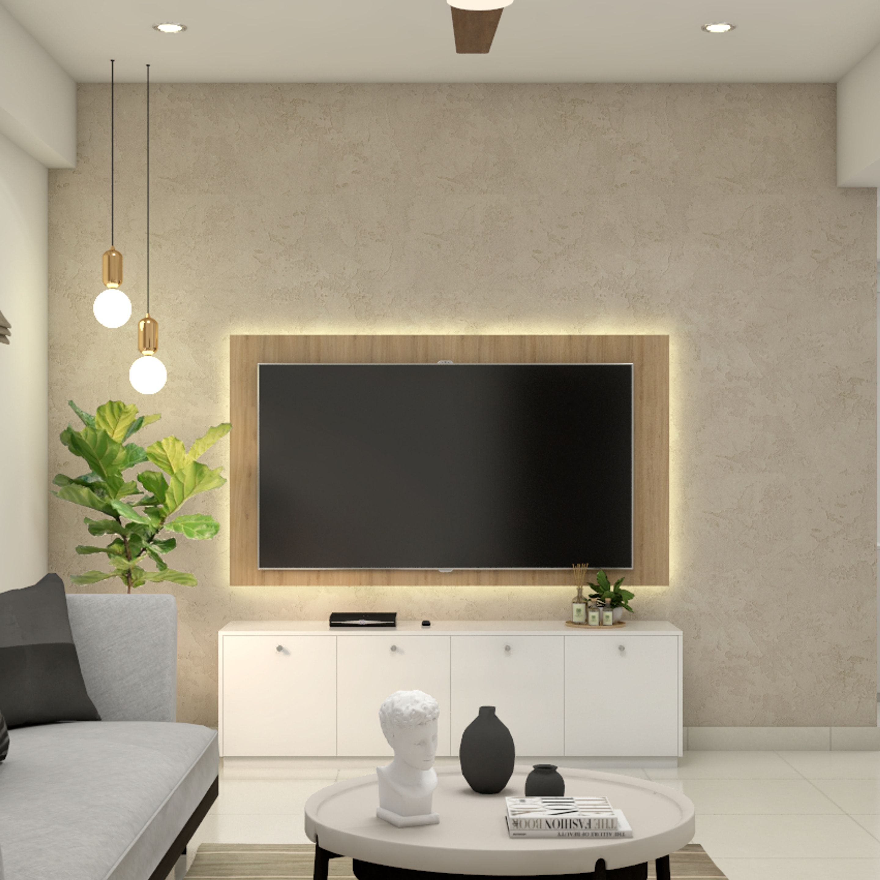 Compact TV Unit Design With Beige Accent Wall | Livspace