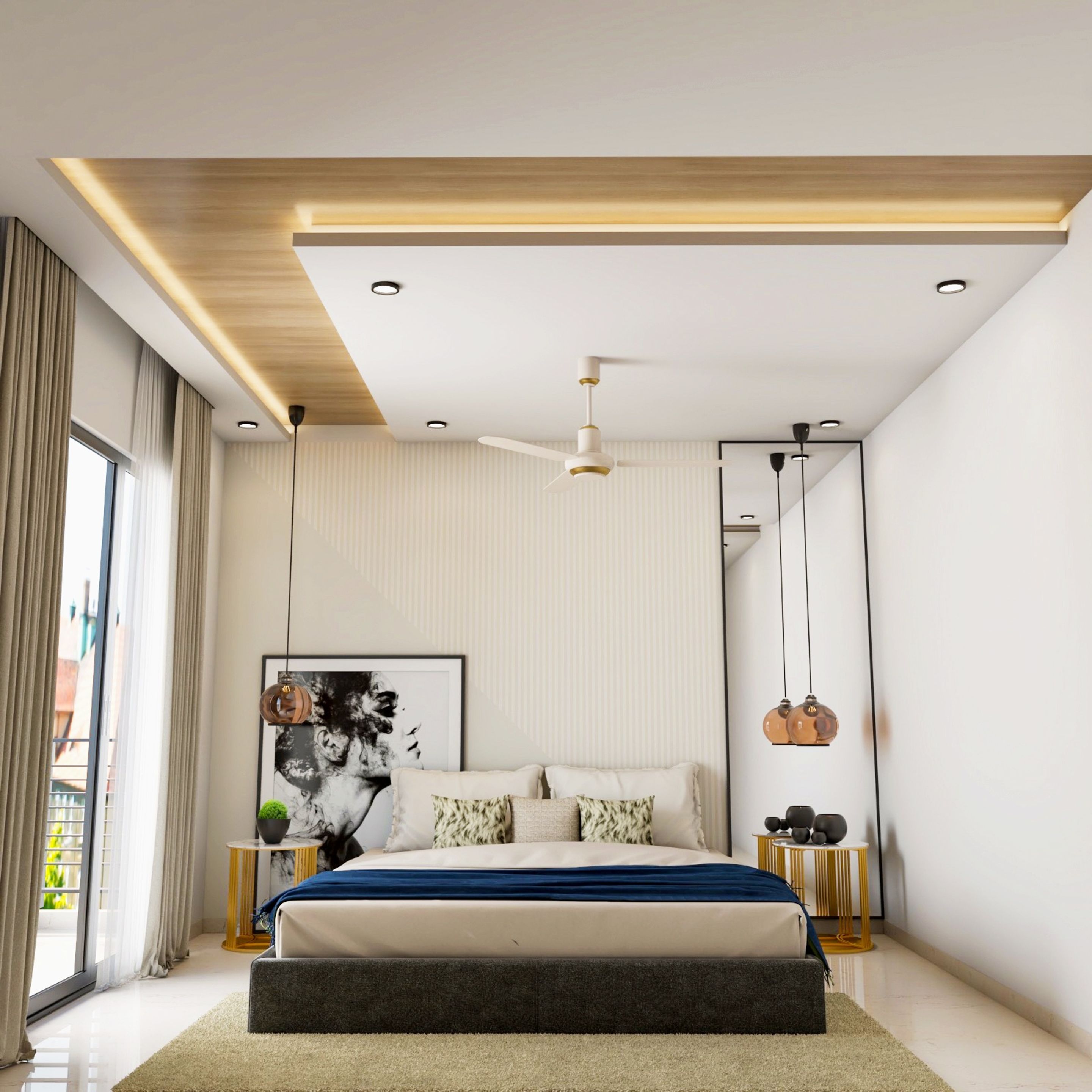 Wood And White Modern Multilayered Ceiling Design For Bedroom Livspace