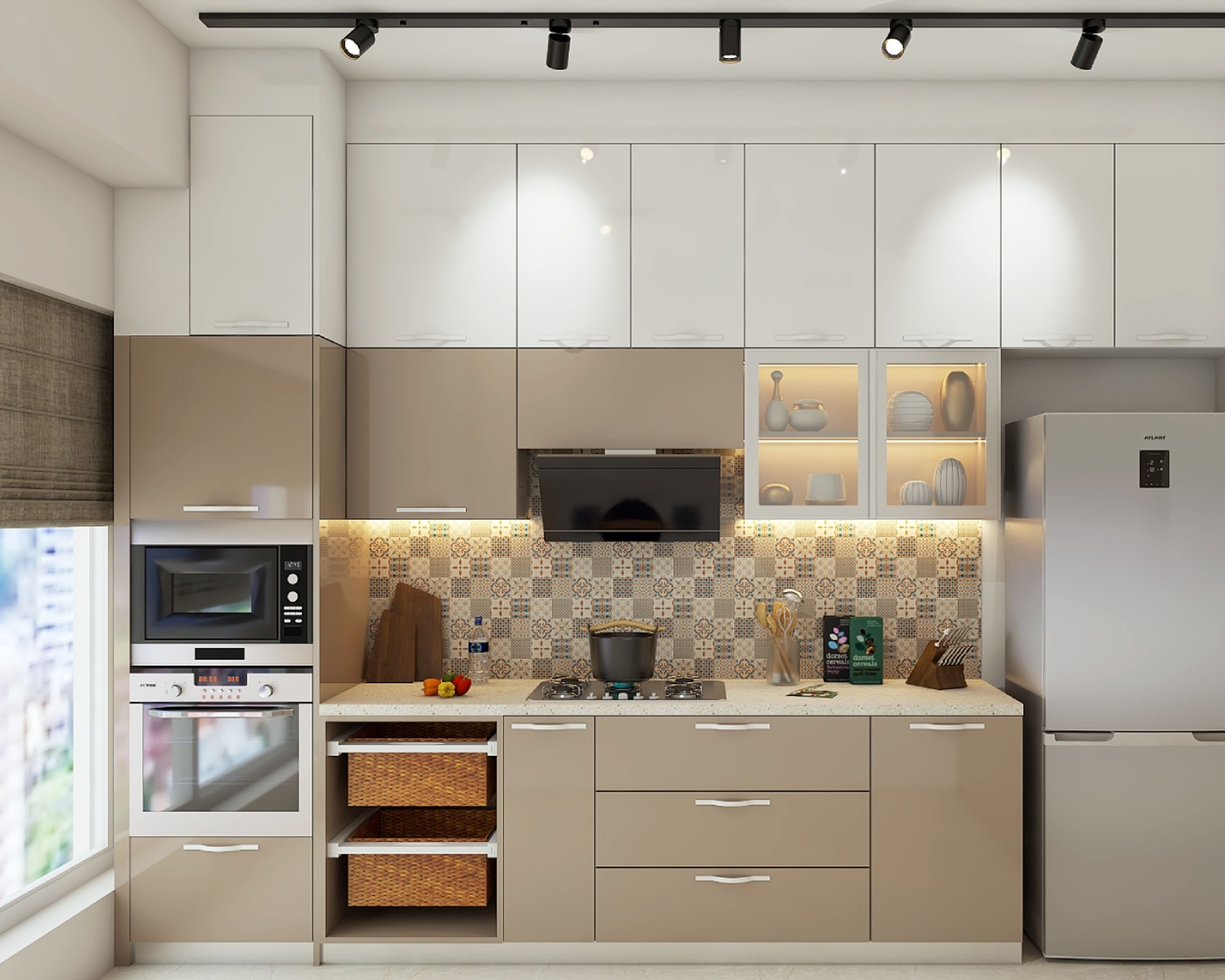 Modern Modular Parallel Kitchen Design With Light Beige and Frosty ...