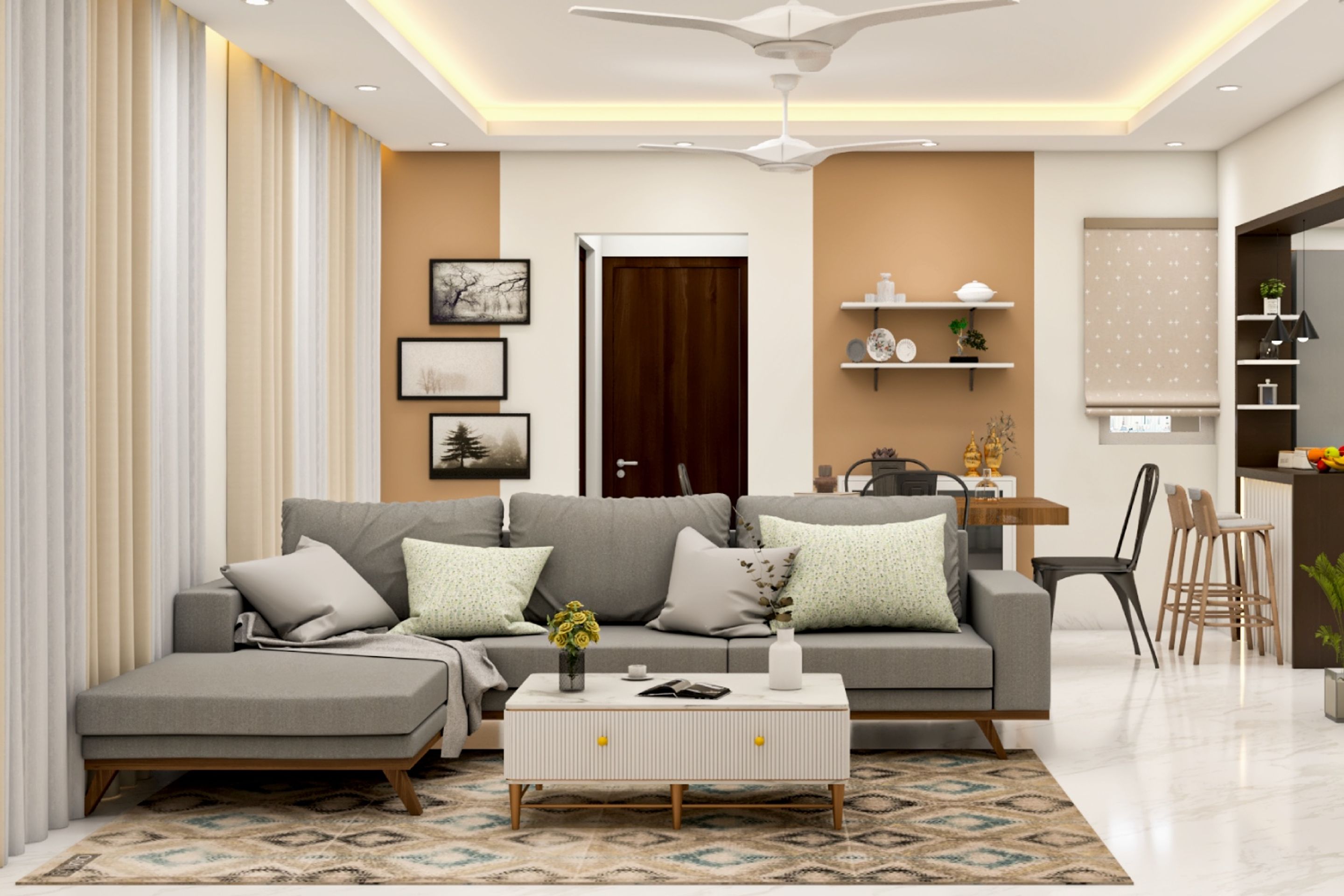 Contemporary Living Room Design With L-Shaped Grey Sofa - 12x12 Ft ...