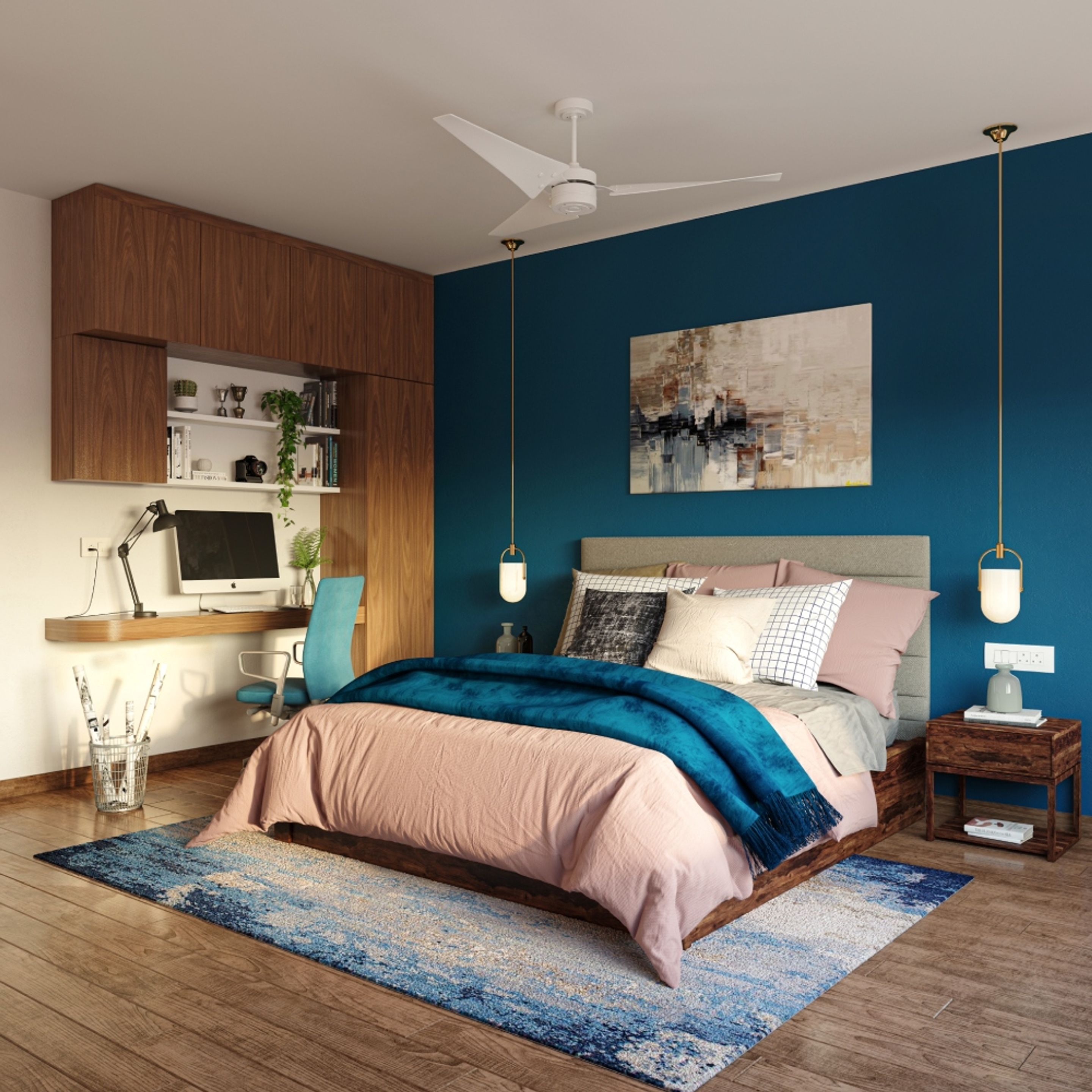 Modern Master Bedroom Design With Blue Accent Wall | Livspace