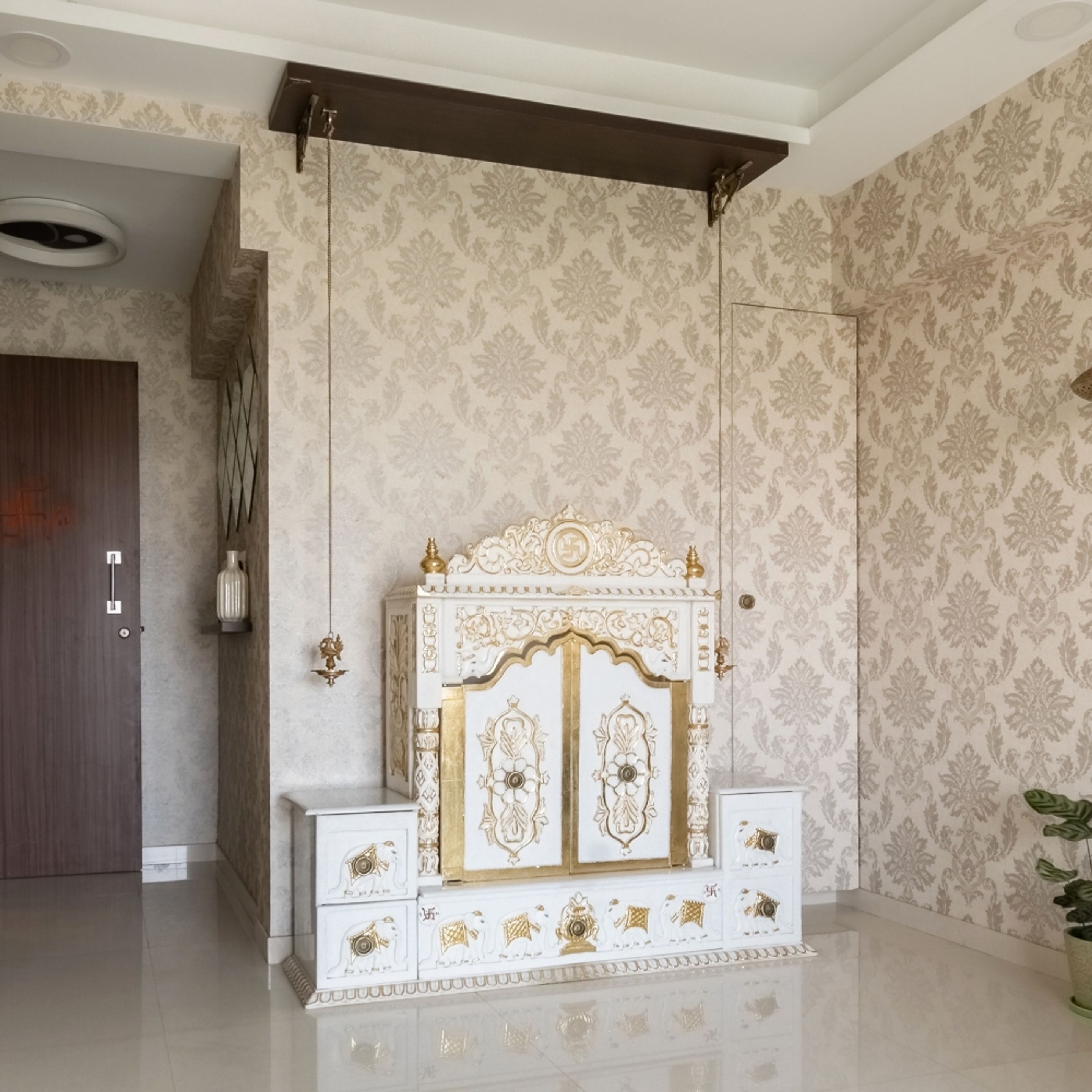 White And Gold Floor-Mounted Mandir Unit - 6x1x6 Ft | Livspace