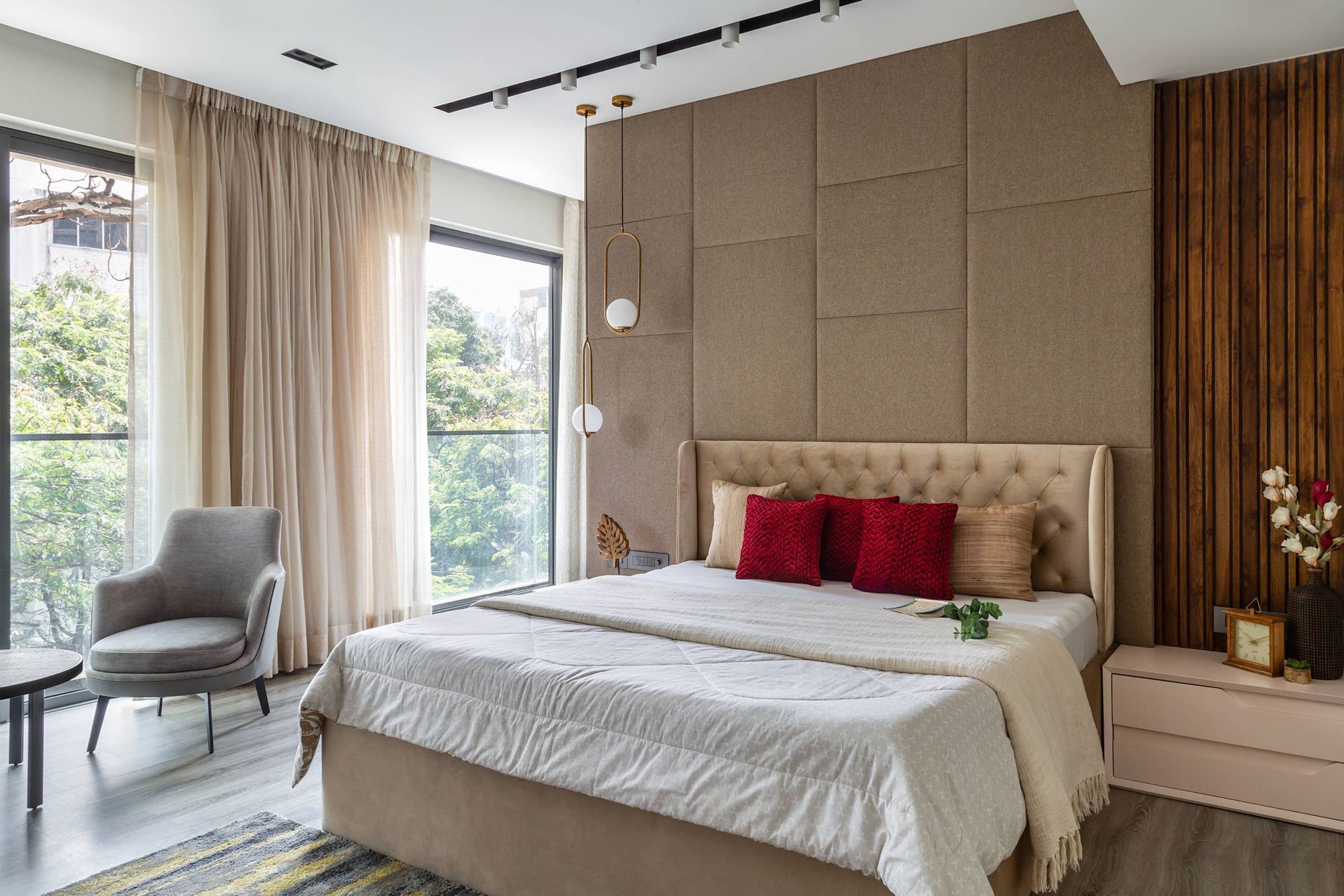 Master Bedroom Design With Fluted Wood Panelling For The Headboard Wall ...