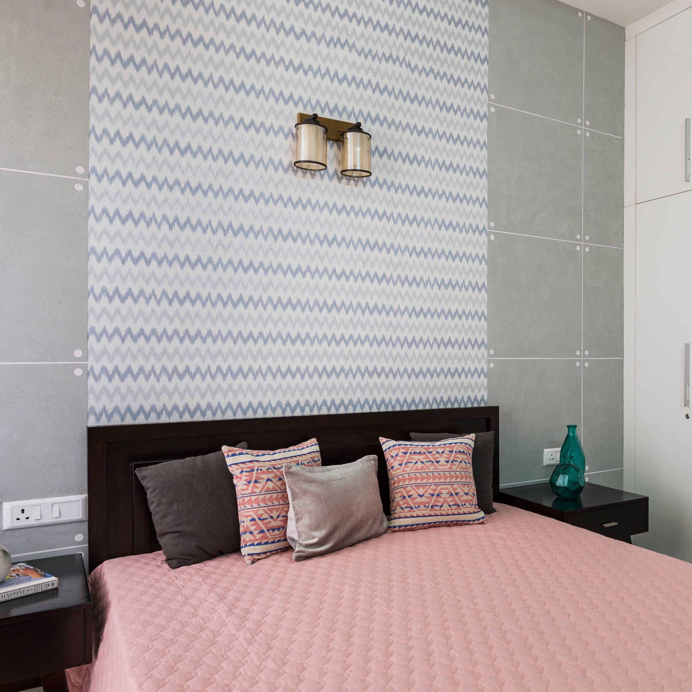 Blue And Grey Patterned Wallpaper Design With Wall Sconce Livspace