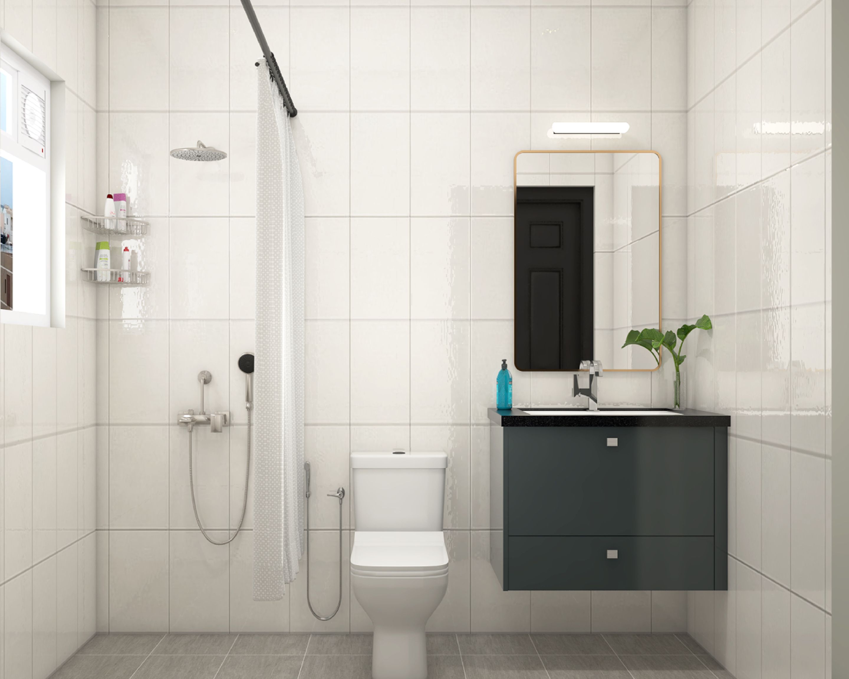 White And Grey Small Bathroom Ideas With Wall-Mounted Vanity Unit | Livspace
