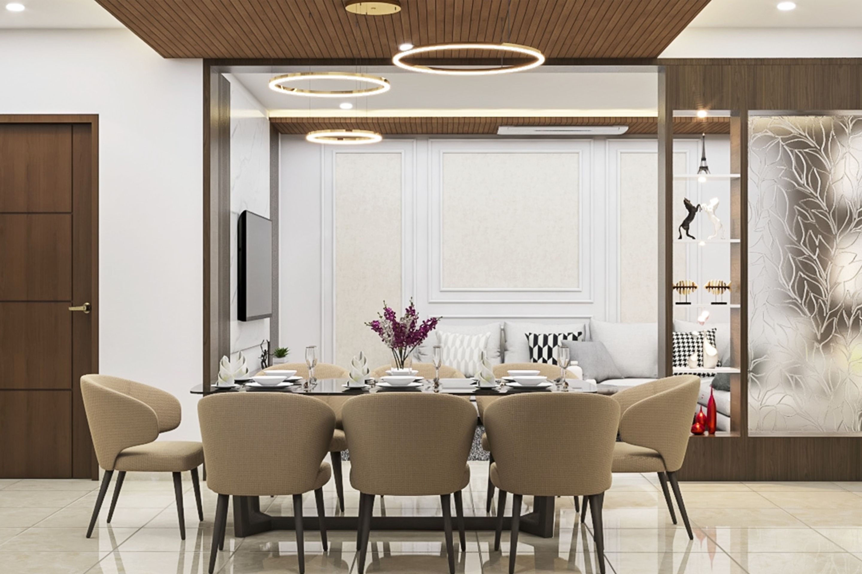 8-Seater Beige And Black Dining Room Design With Wooden False Ceiling ...