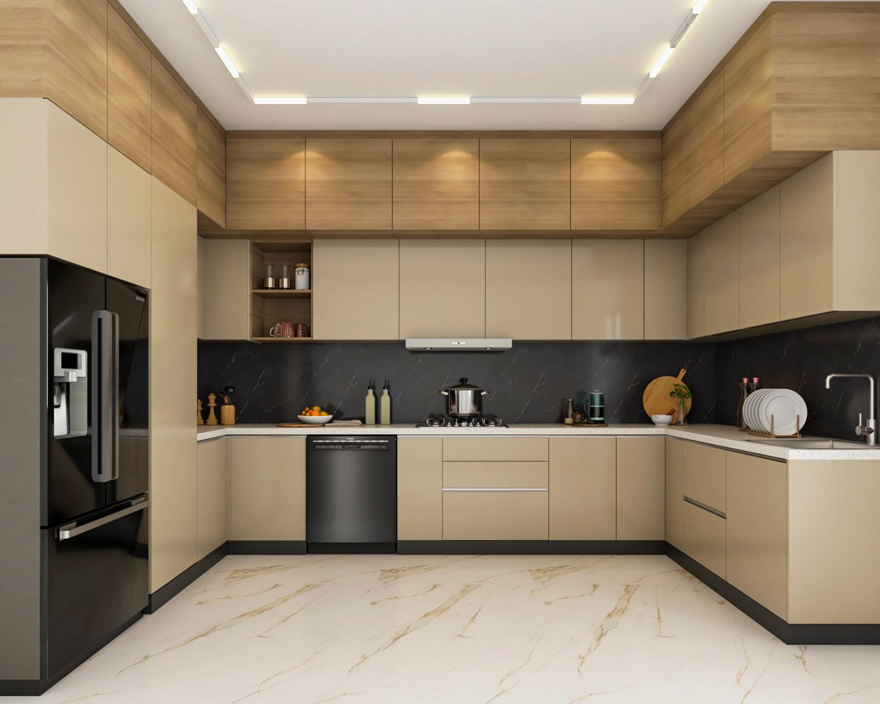 U-Shaped Beige And Wood Kitchen Design With Black Kitchen Backsplash ...