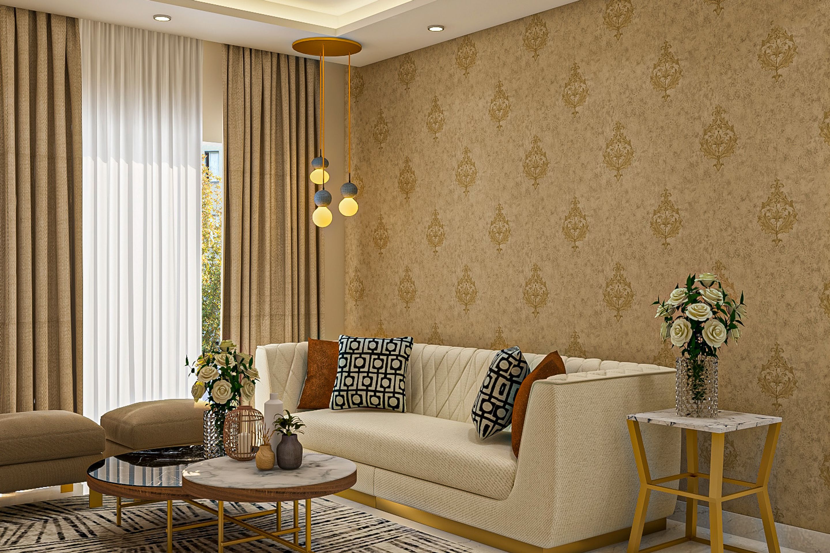 Living Room Wallpaper Design With Beige And Gold Damask Wallpaper ...