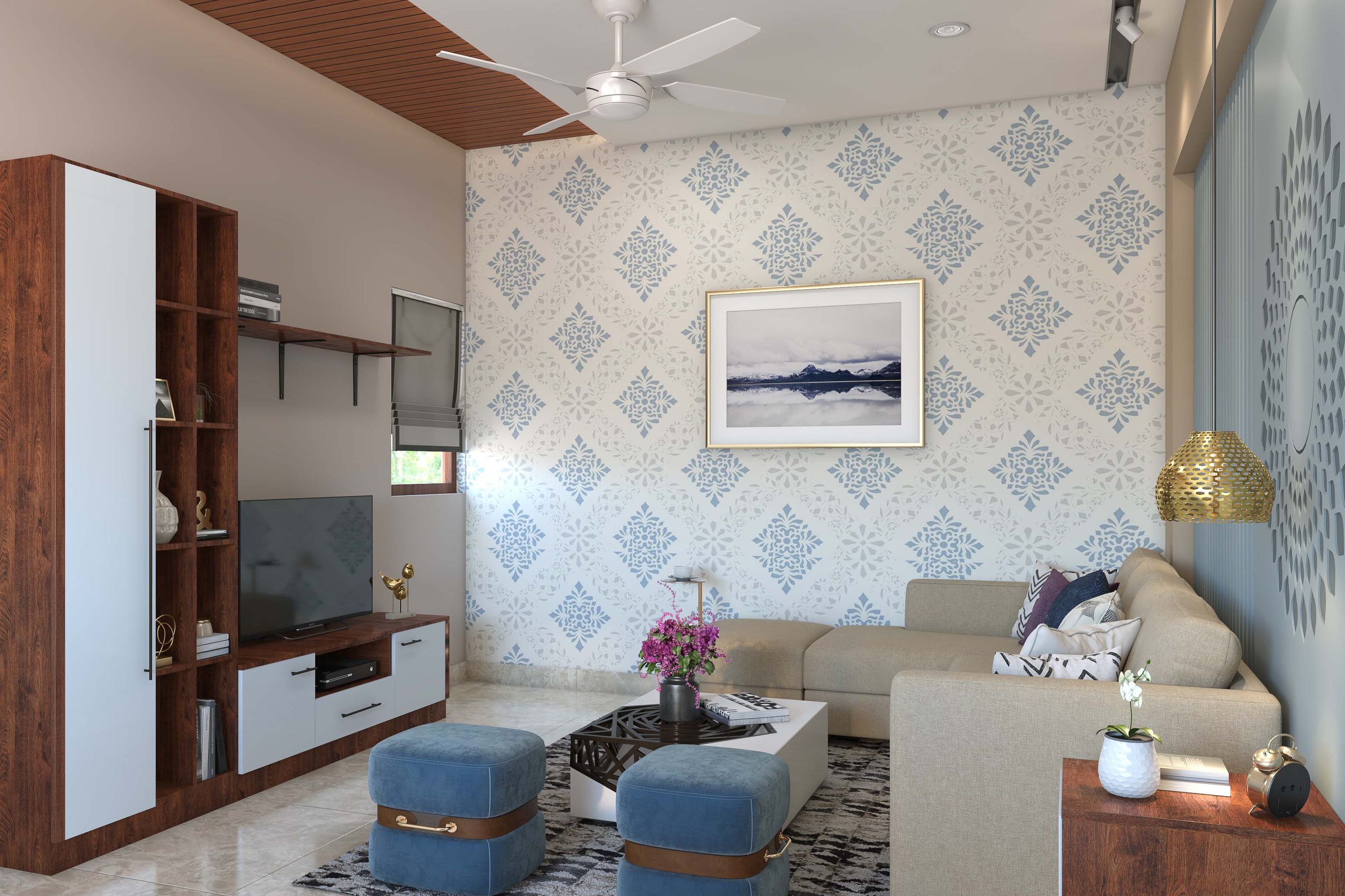 White-Grey And Blue Flock Living Room Wallpaper Design | Livspace