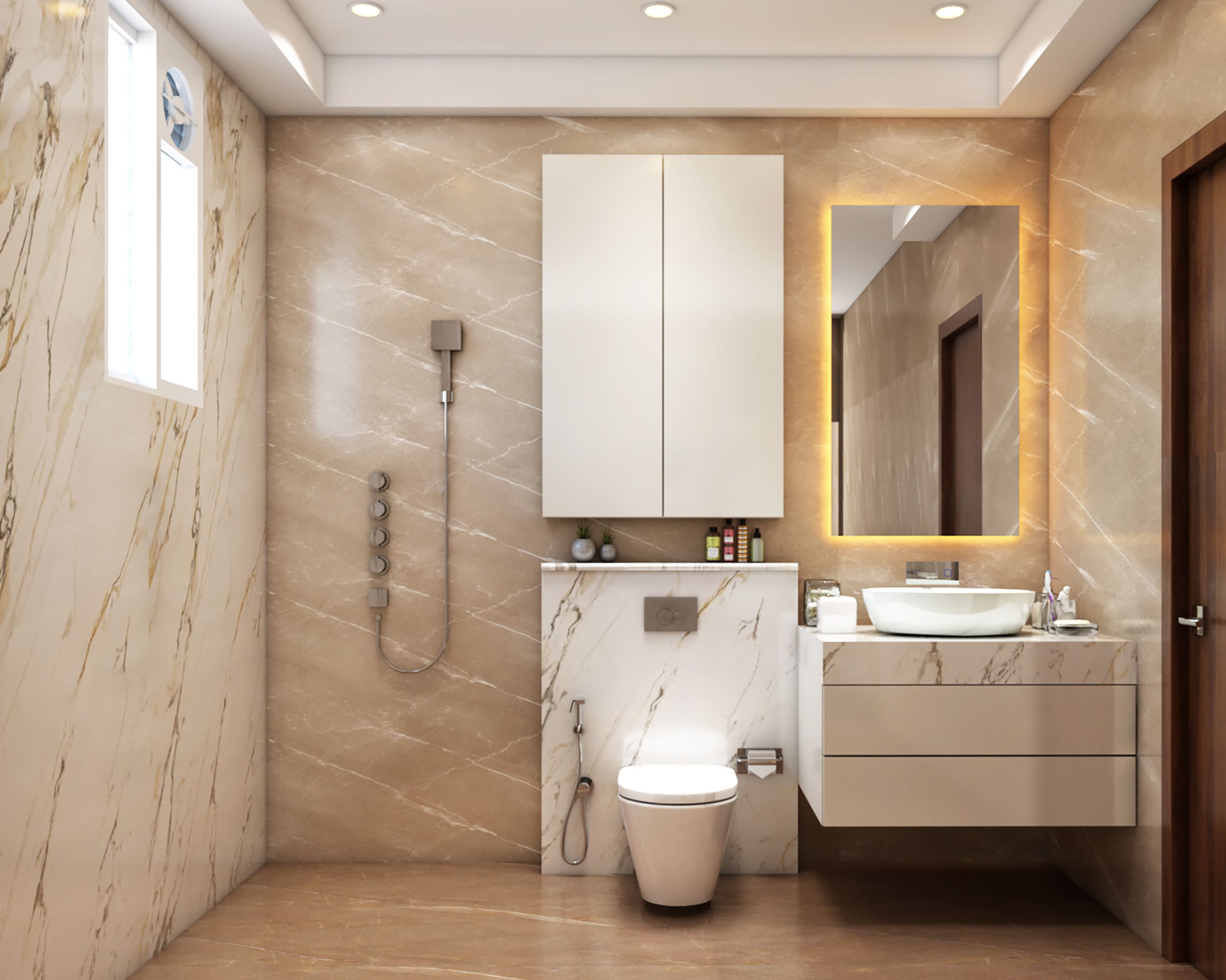 Earthy Modern Bathroom Tile Design With Beige And White Wall Tiles ...