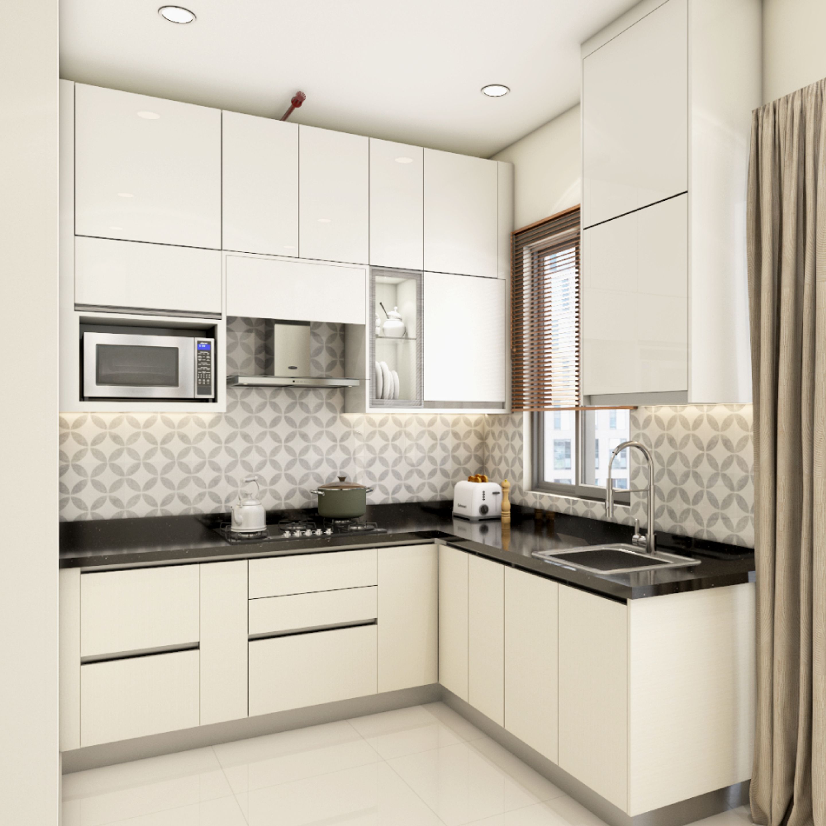 Frosty White L-Shaped Kitchen Design With Glossy Laminates | Livspace