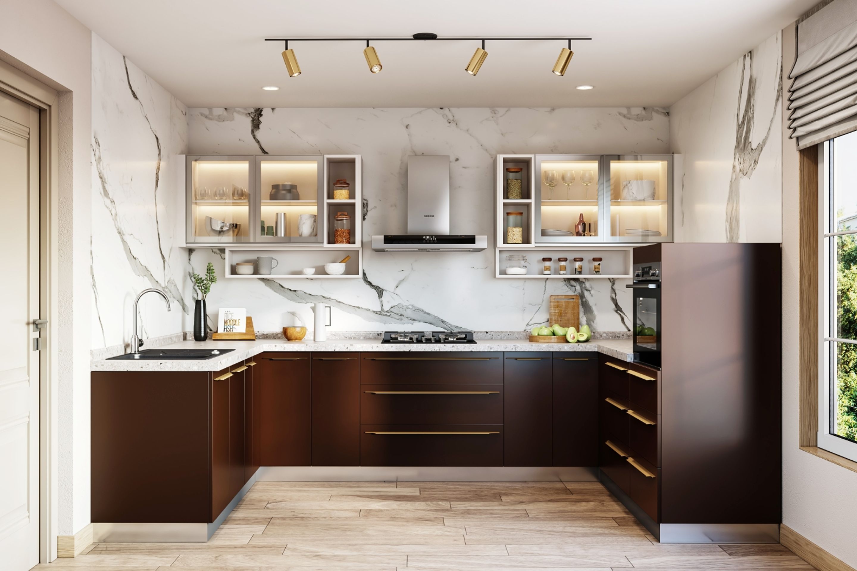 Brown And White U-Shaped Kitchen Design With Glass Shutters And Open ...