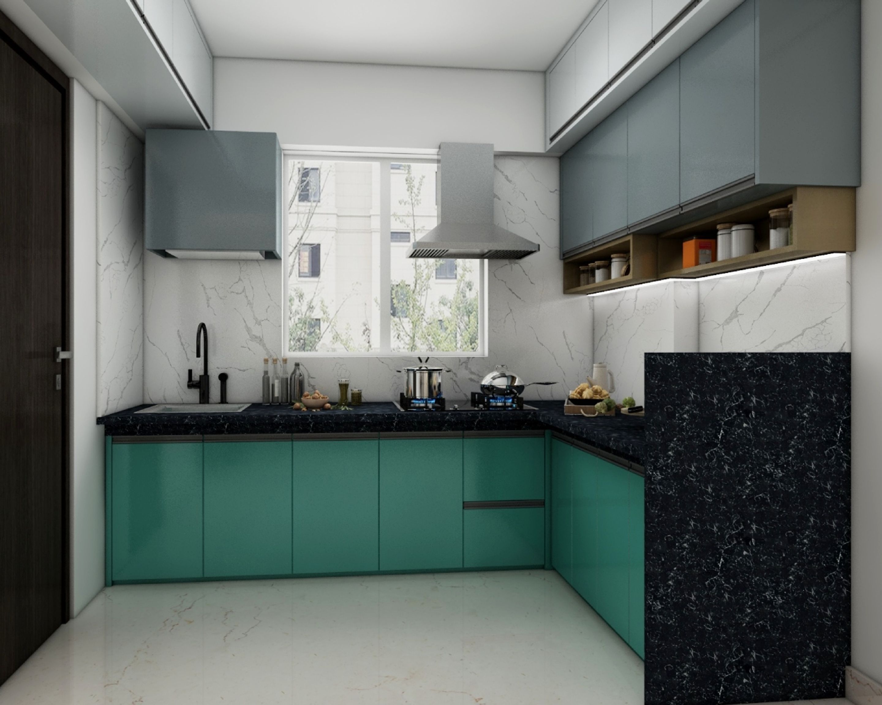 L Shape Modular Kitchen Design With Sea Green And Silver Frost Kitchen ...