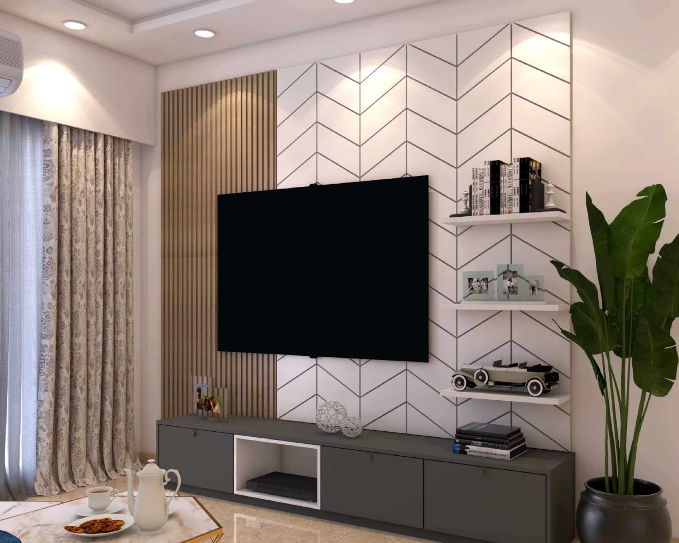 Gothic Grey And Frosty White TV Cabinet Design With Zig Zag Back Panel