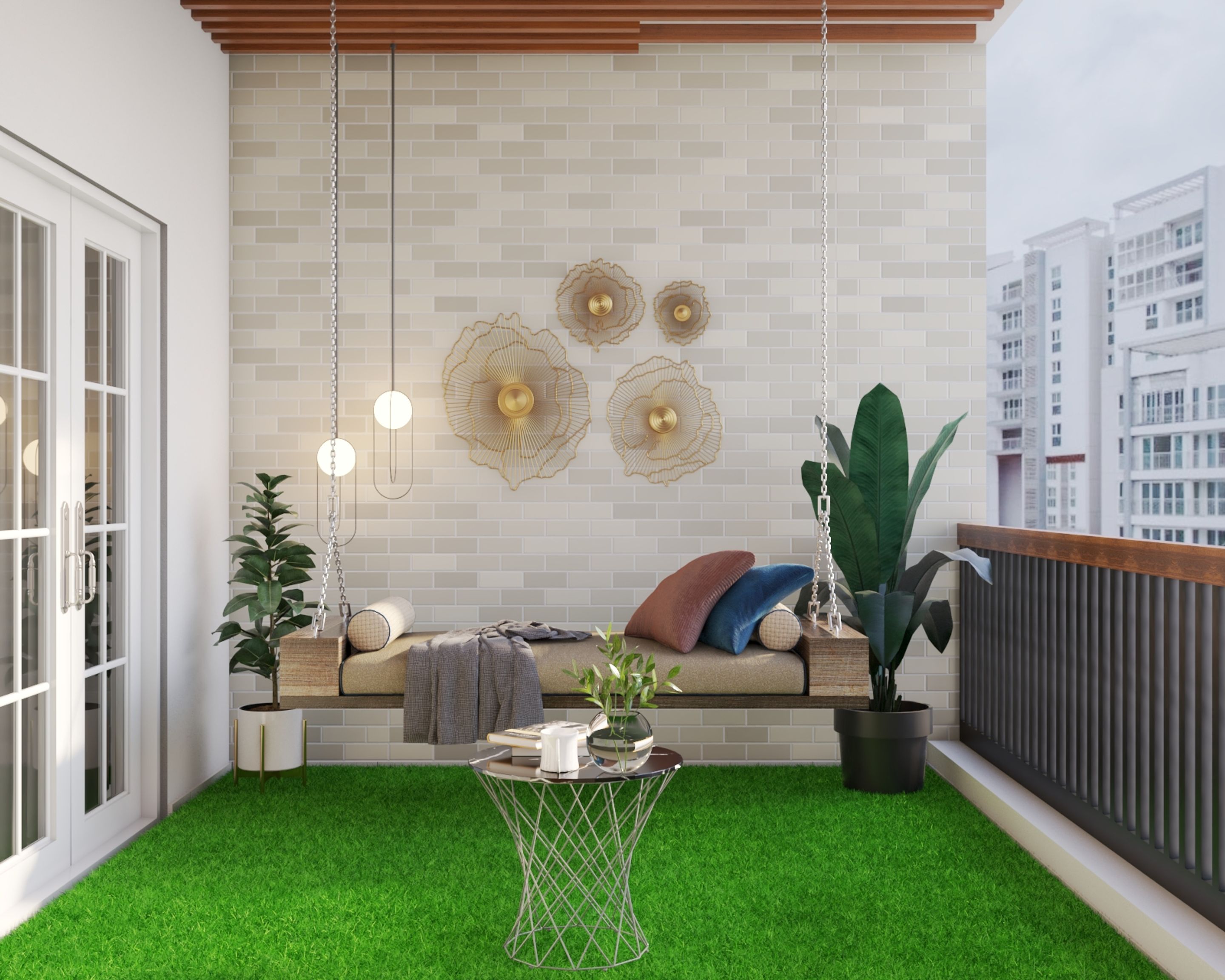 Spacious Balcony Design With Hanging Lights And Lush Green Flooring ...