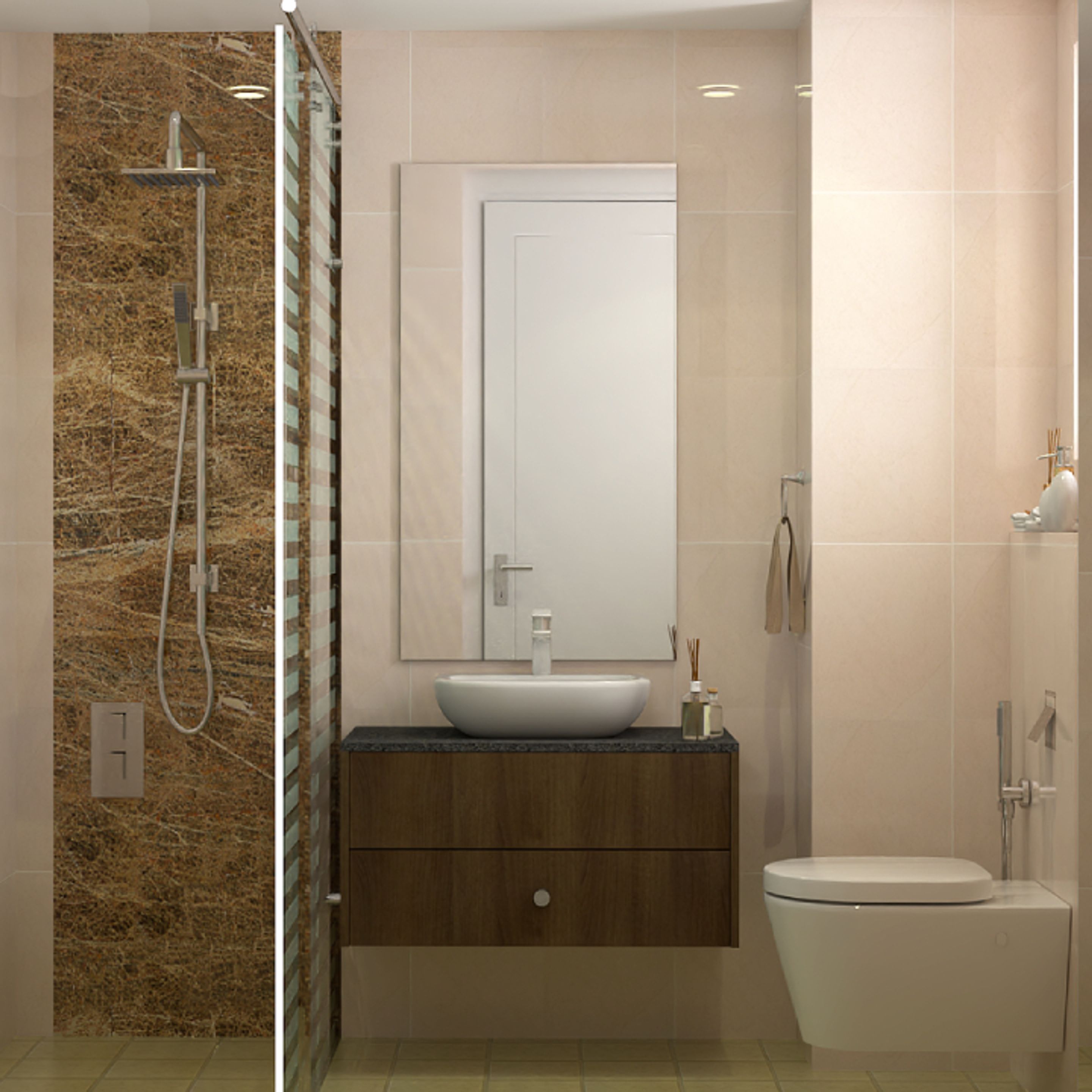 Compact Dark Brown Bathrom Design With Textured Tiles - 7X5 Ft | Livspace