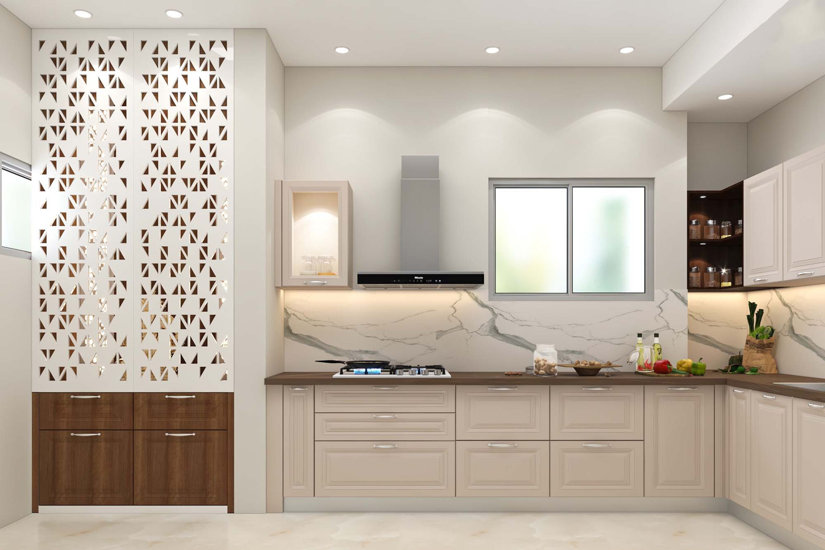 Spacious Modular Indian Kitchen Design In Cream And White | Livspace