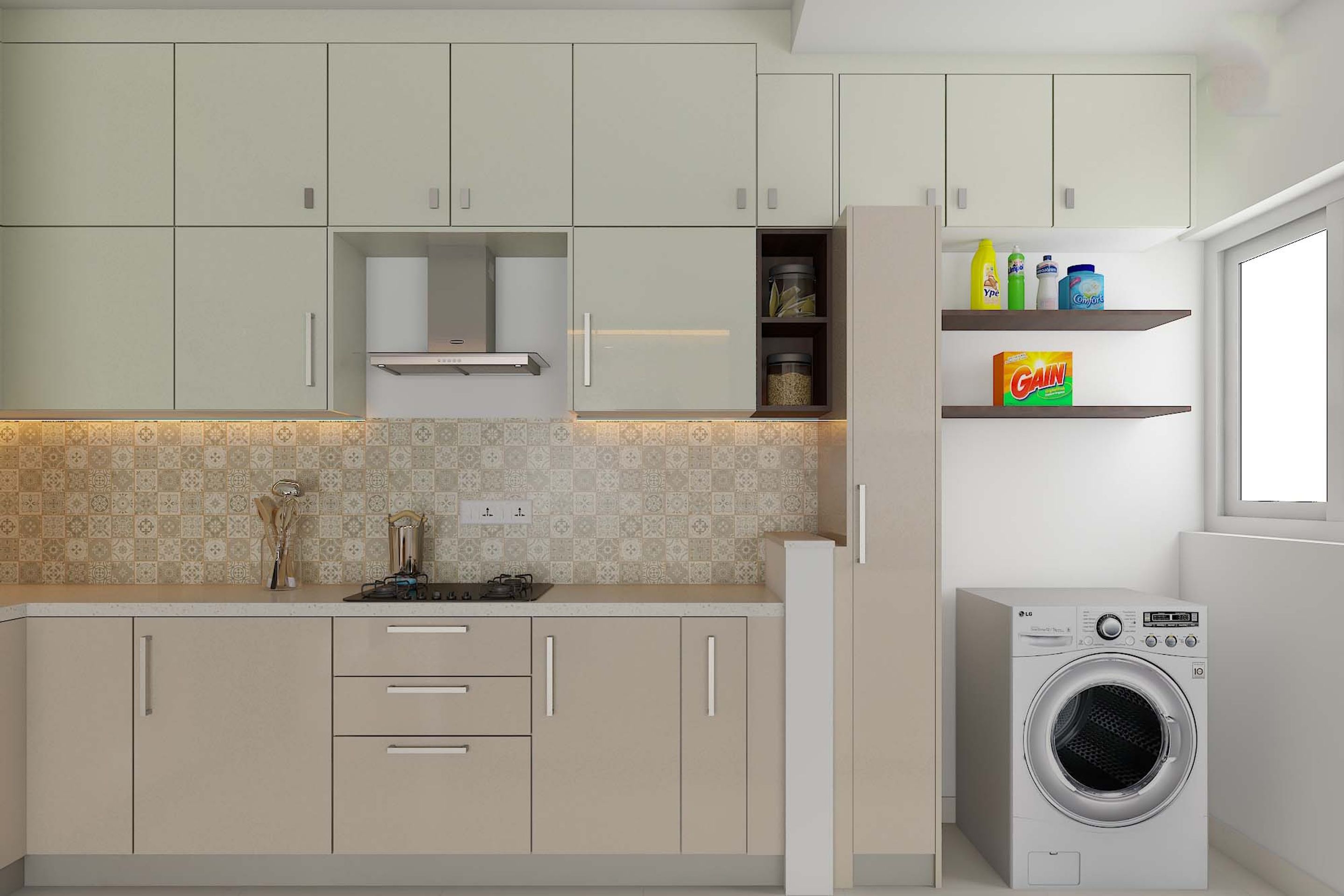 Spacious Indian Kitchen Design In Beige And White | Livspace