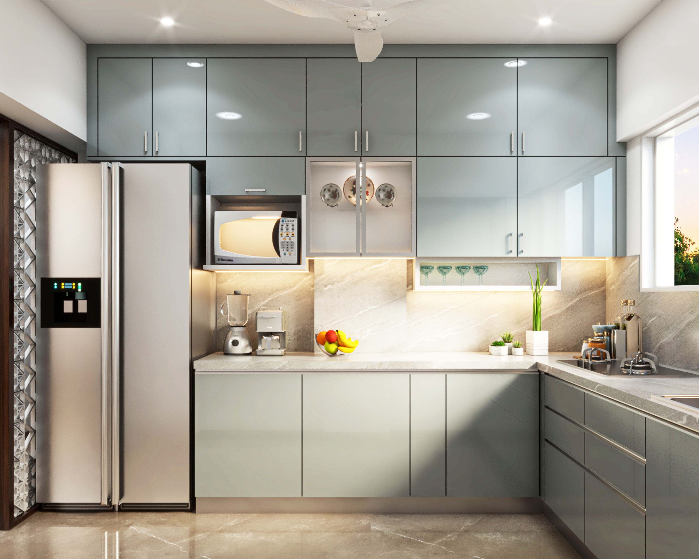 Spacious LShaped Modular Metallic Grey Kitchen Design Livspace