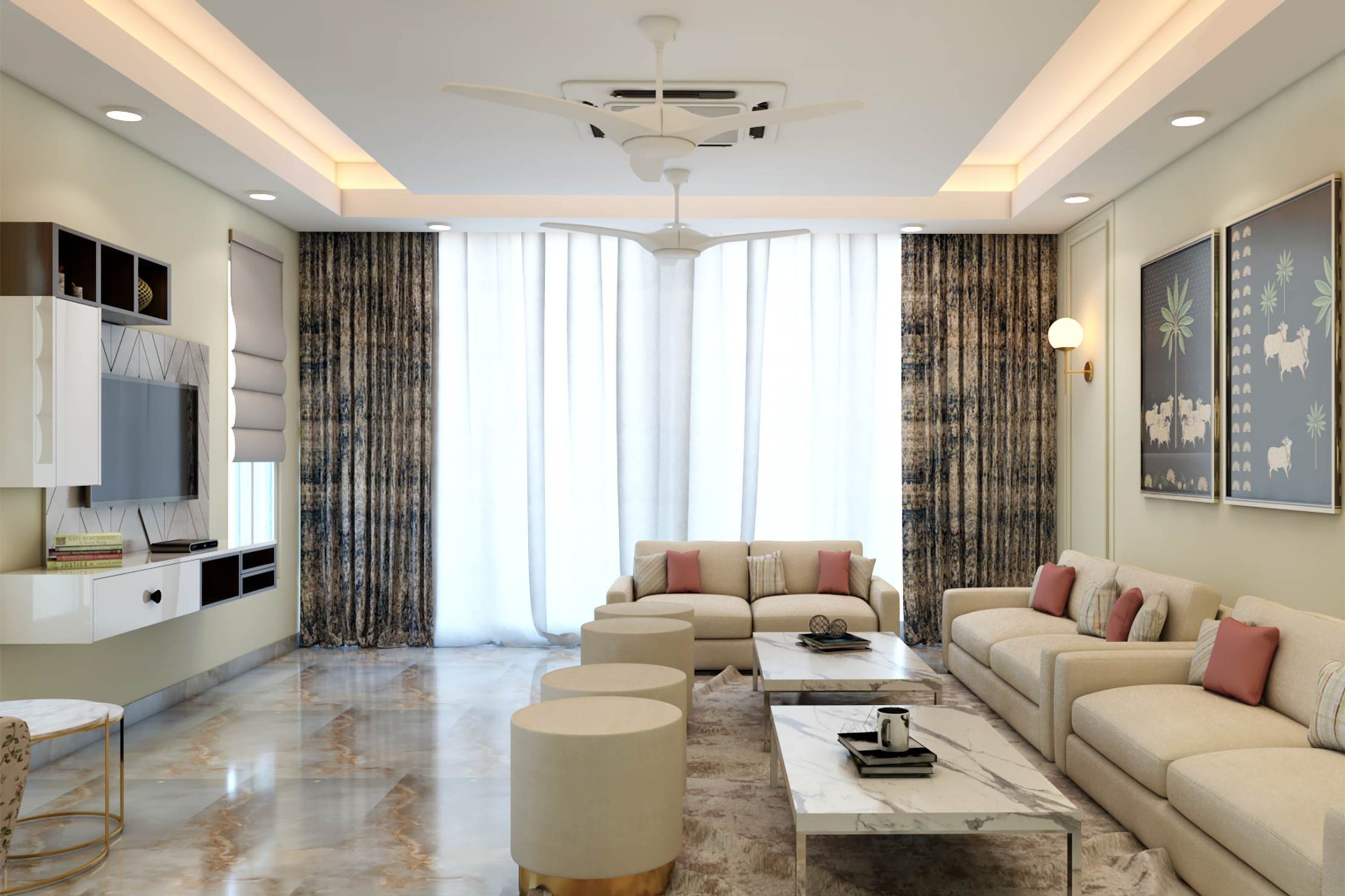 Living Room Design With Frost White Wall Paint And Trims | Livspace