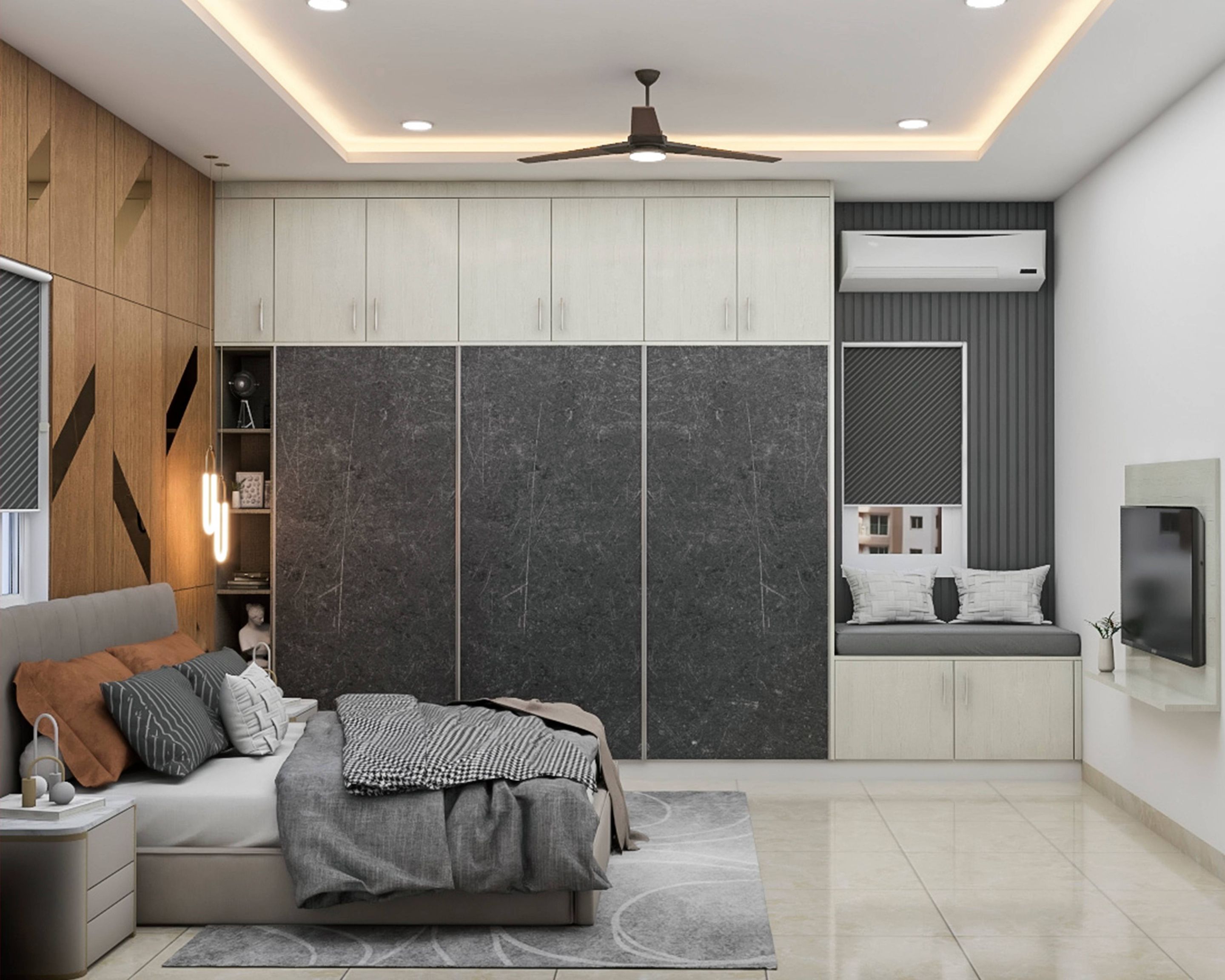 Spacious Master Bedroom Design With Grey Tufted Bed And Sliding Door ...